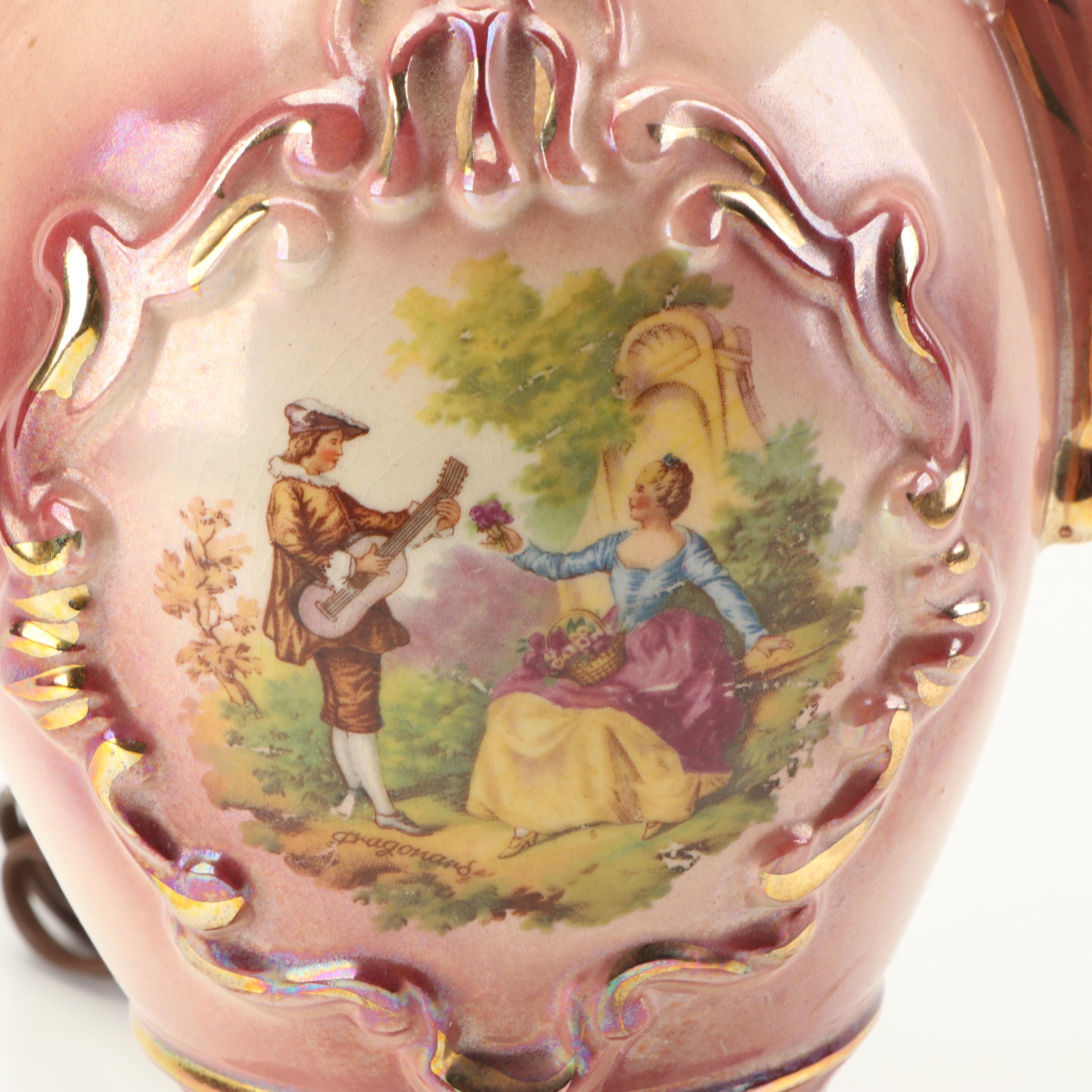 Rococo Style Porcelain Table Lamp with Transfer Print After Fragonard