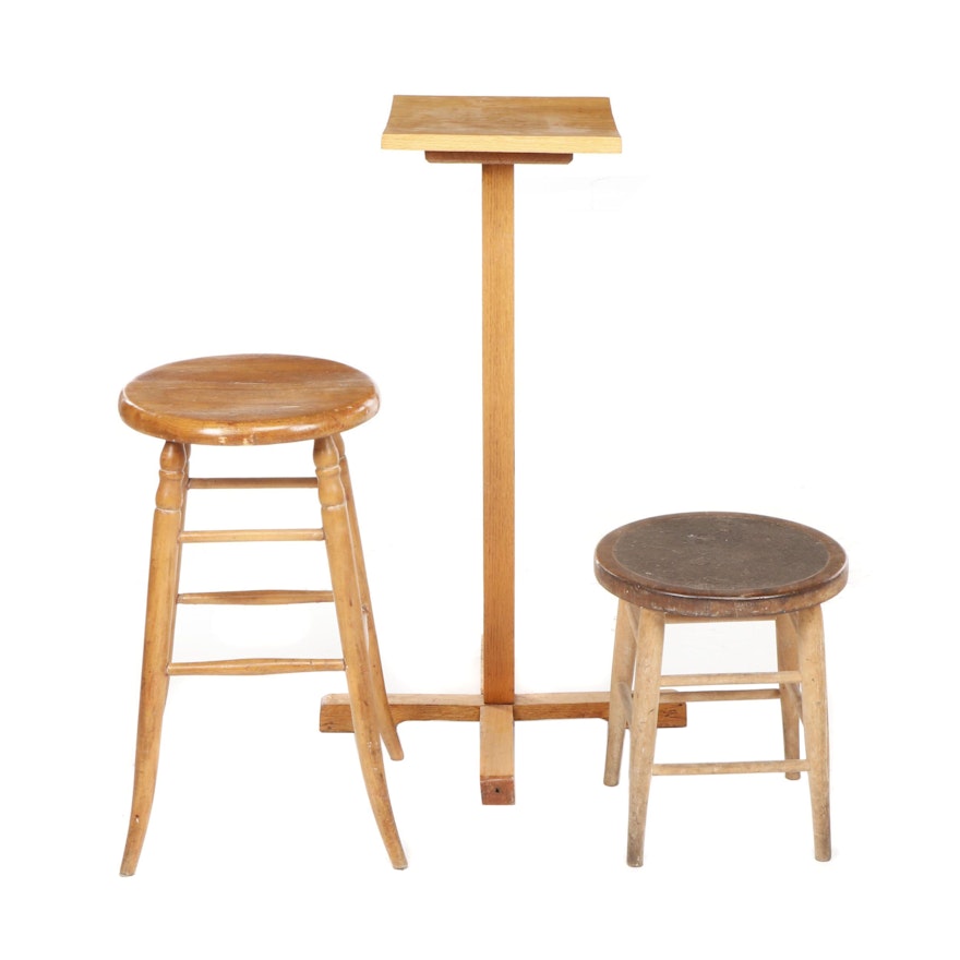 Mid Century Wooden Pedestal, Barstool and Stool