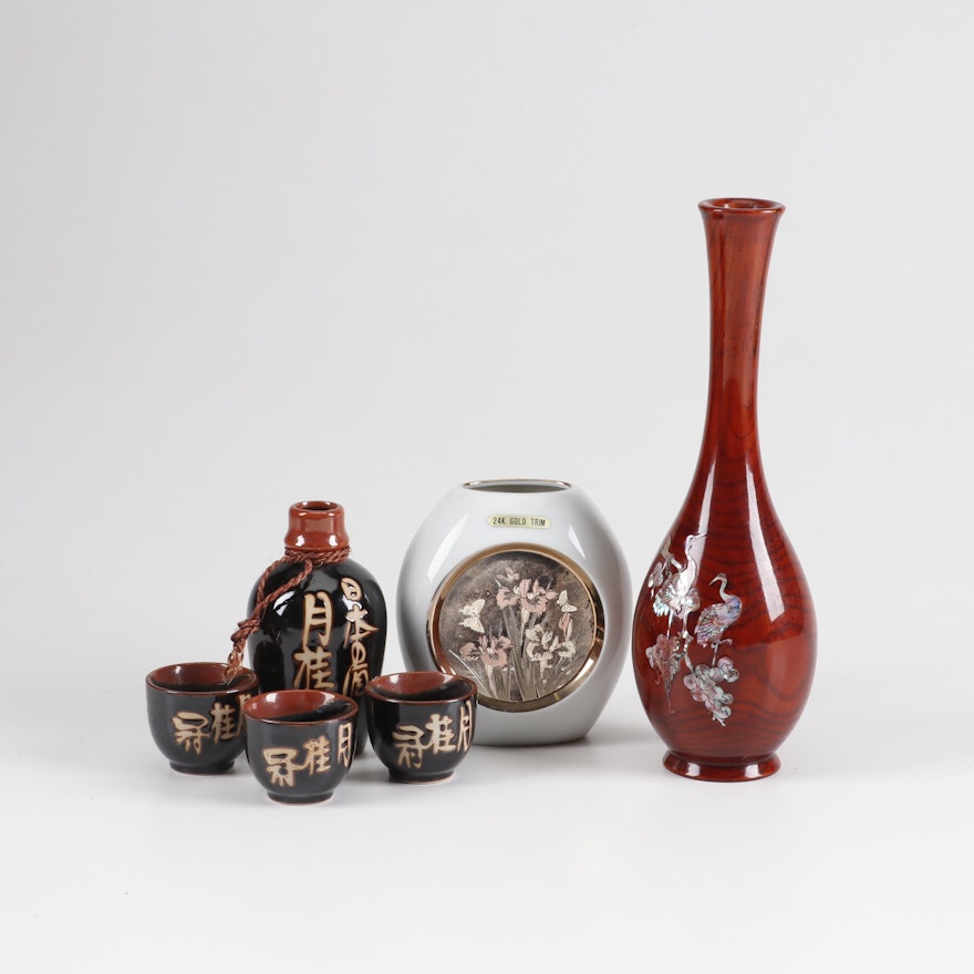 Japanese Earthenware Sake Set, Inlaid Rosewood Vase and Gold Trim Chokin Vase