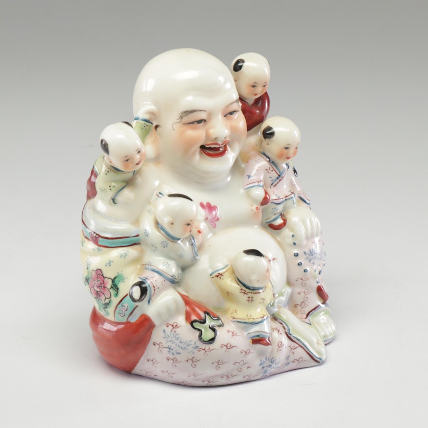 Chinese Porcelain Budai with Children Figurine, 20th Century