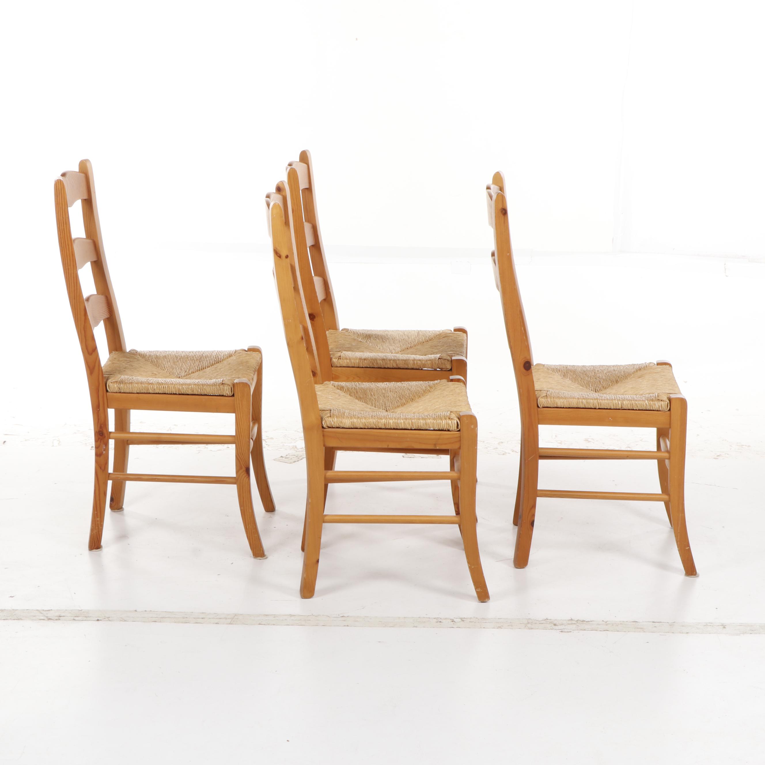 Four Oak Ladder Back Kitchen Chairs with Rush Seat