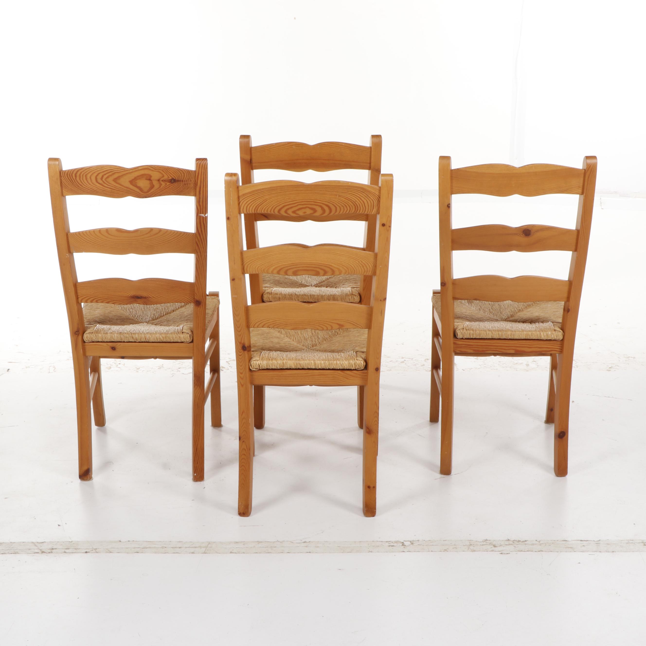 Four Oak Ladder Back Kitchen Chairs with Rush Seat
