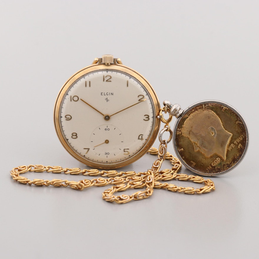 Elgin 10K Gold Filled Pocket Watch With Kennedy Half Dollar Fob Chain, 1949