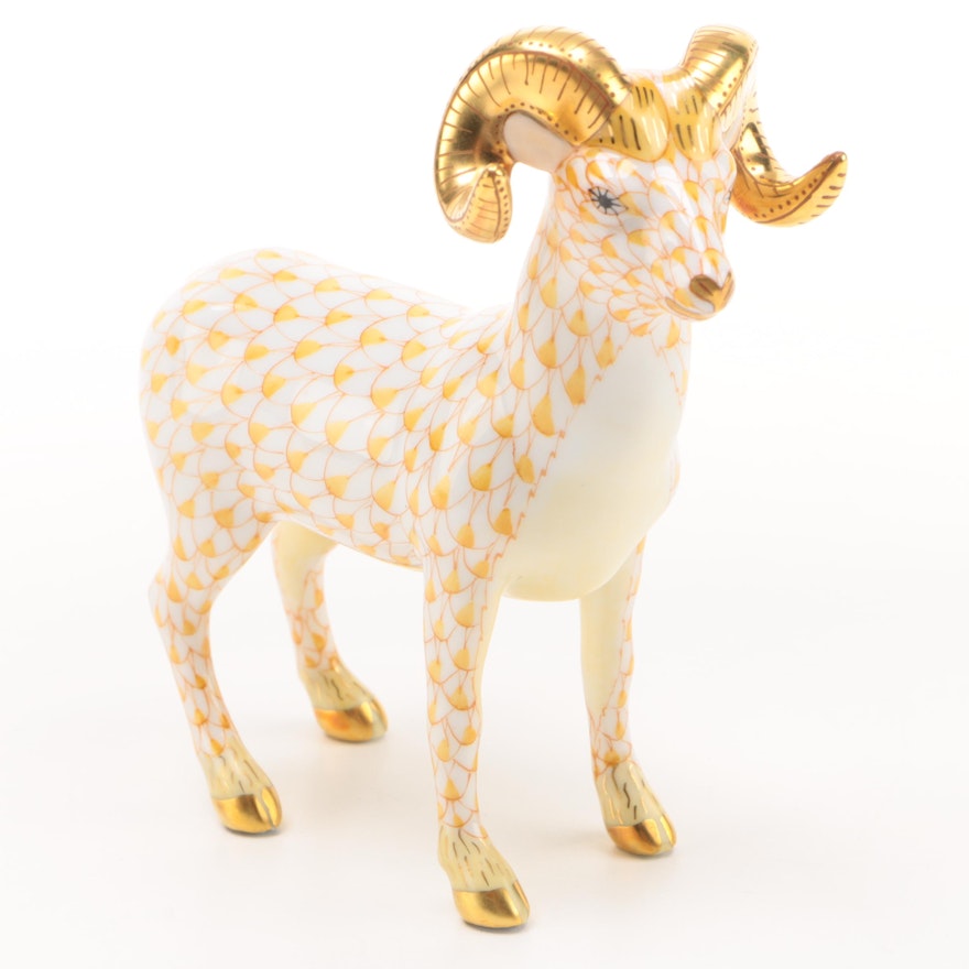 Herend Butterscotch Fishnet with Gold "Standing Ram" Porcelain Figurine, 1999