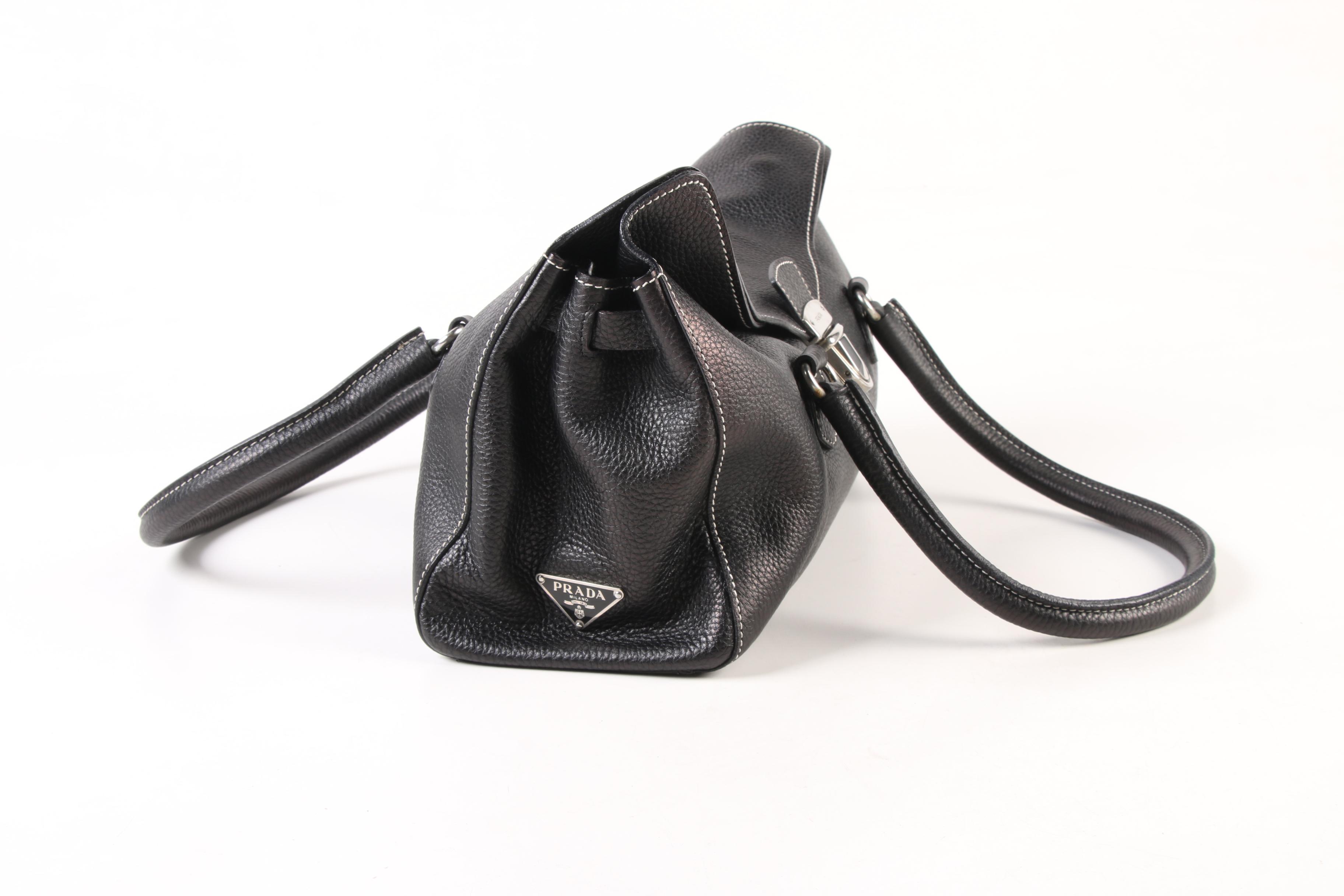 Prada East West Bag in Black Deerskin Leather with Push Lock Clasp