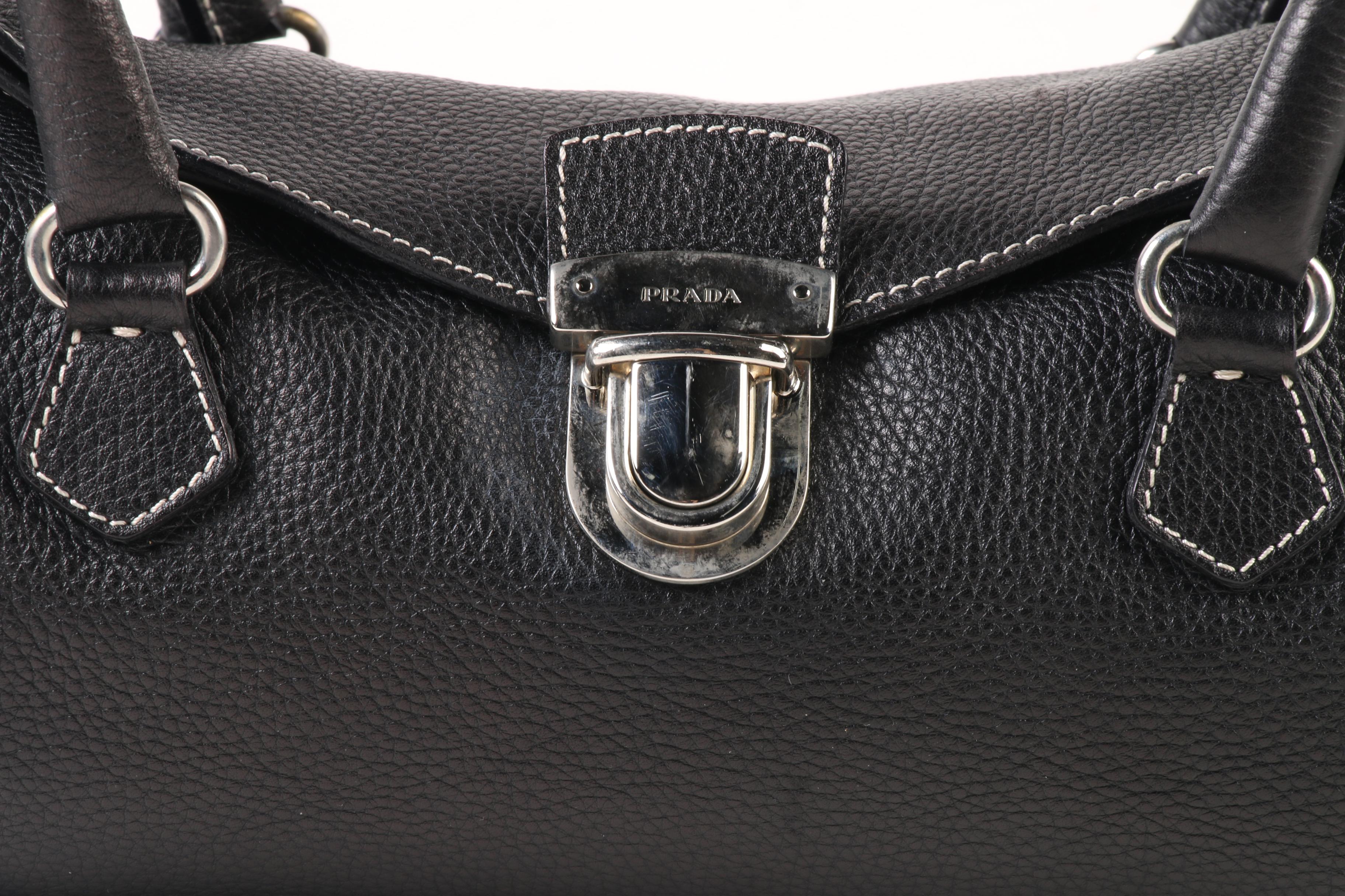 Prada East West Bag in Black Deerskin Leather with Push Lock Clasp