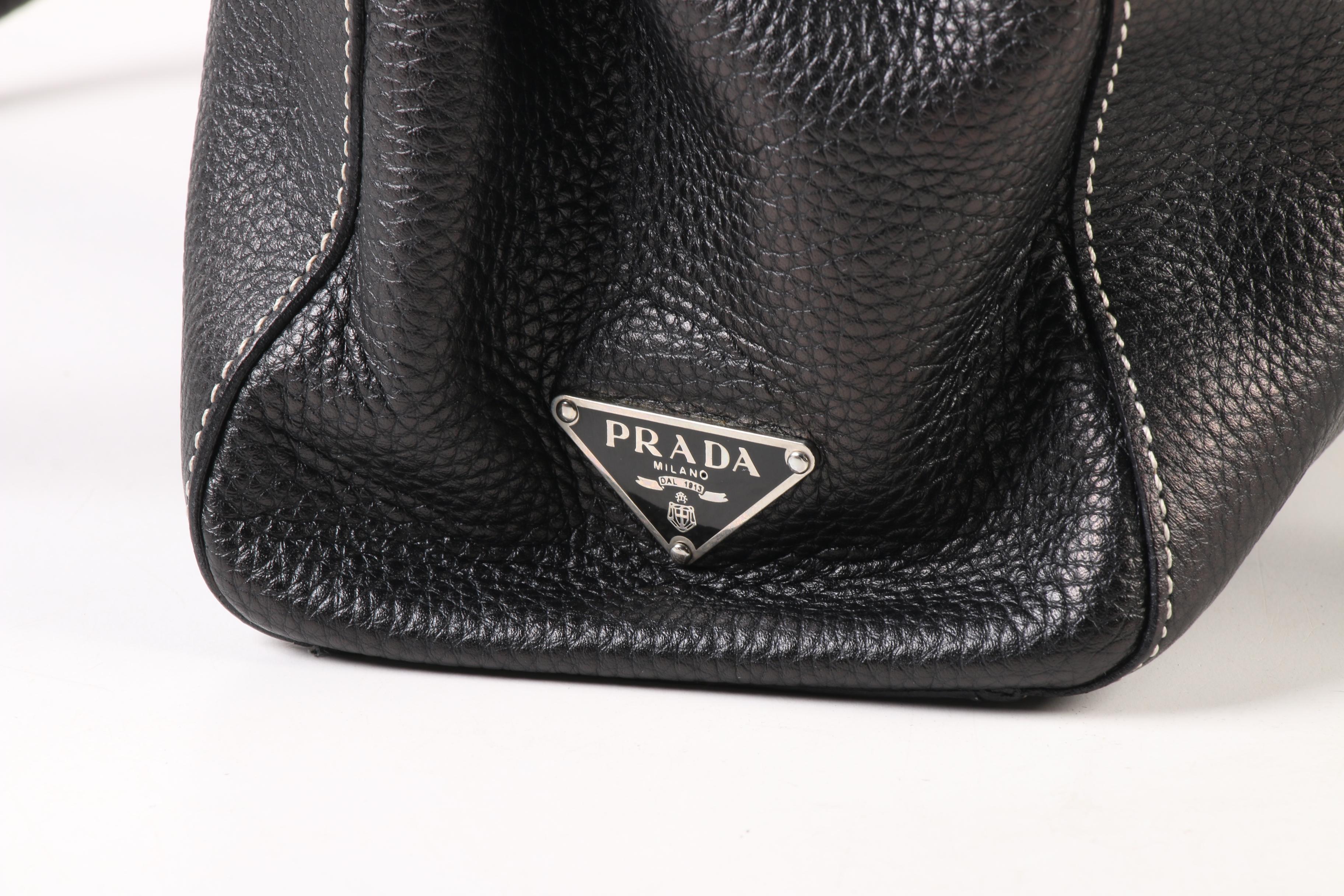Prada East West Bag in Black Deerskin Leather with Push Lock Clasp