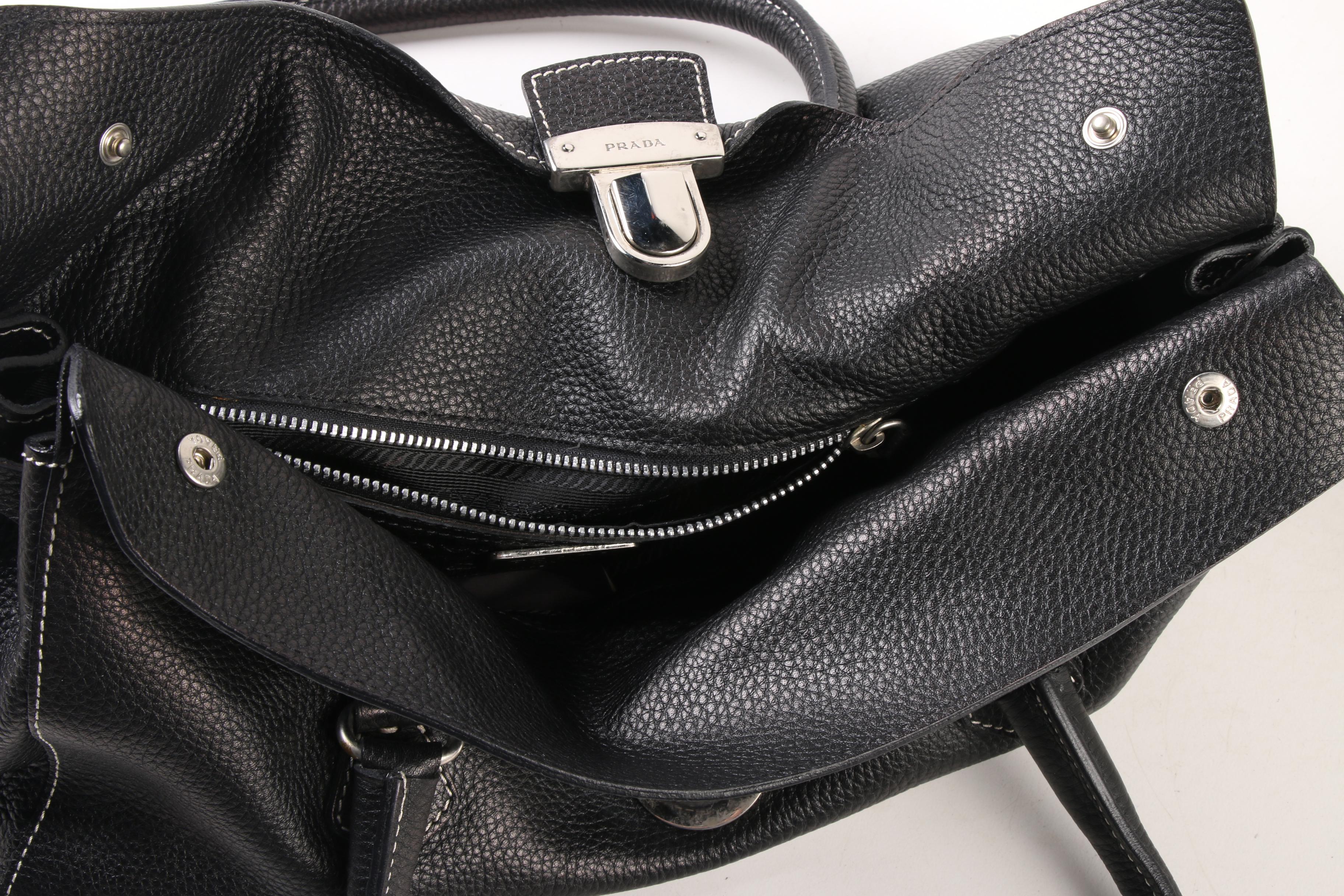 Prada East West Bag in Black Deerskin Leather with Push Lock Clasp