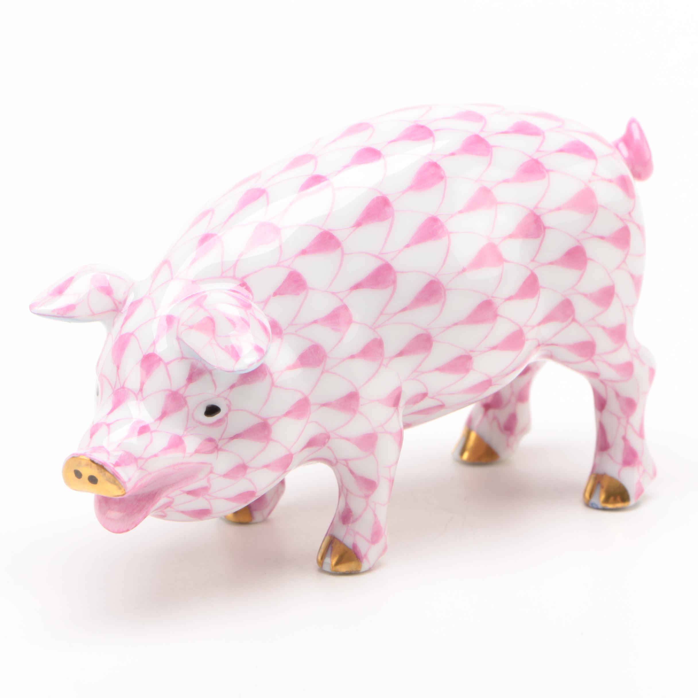 Herend Raspberry Fishnet "Pig" Porcelain Figurine