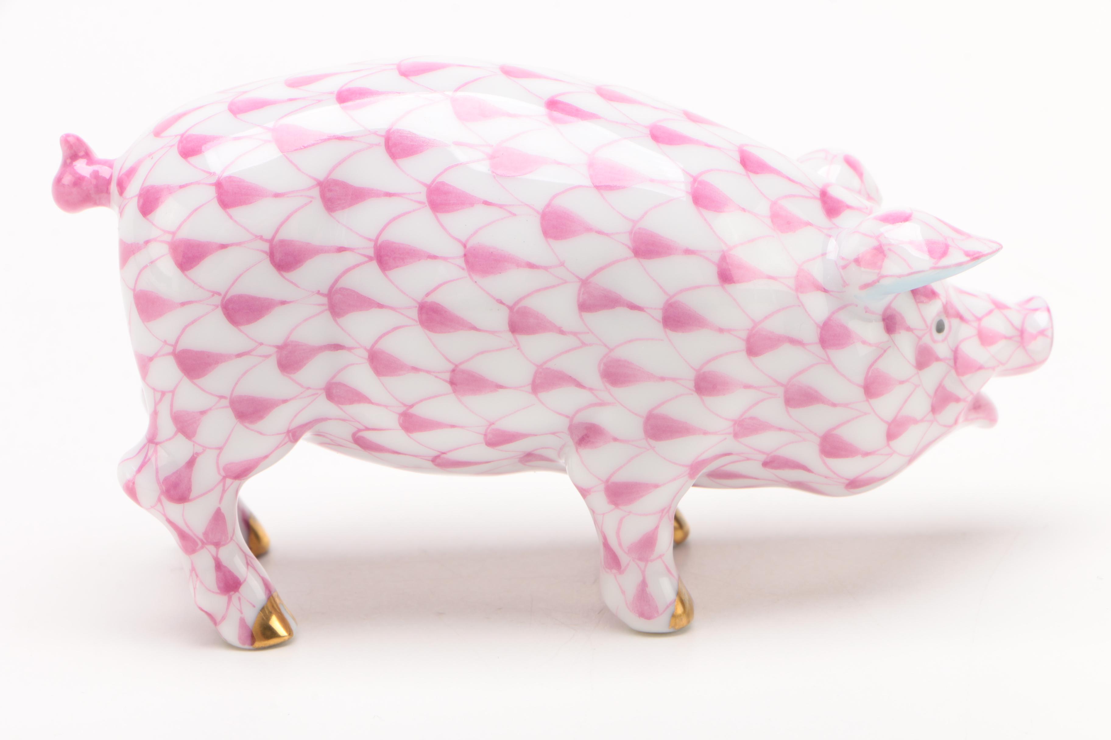 Herend Raspberry Fishnet "Pig" Porcelain Figurine