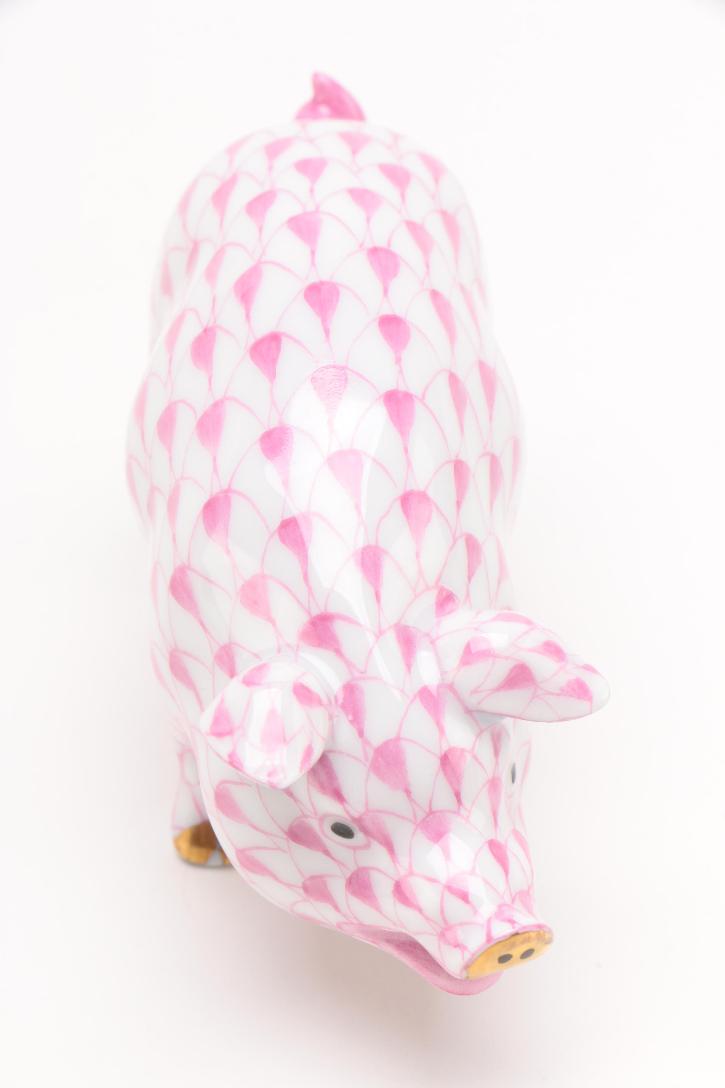 Herend Raspberry Fishnet "Pig" Porcelain Figurine