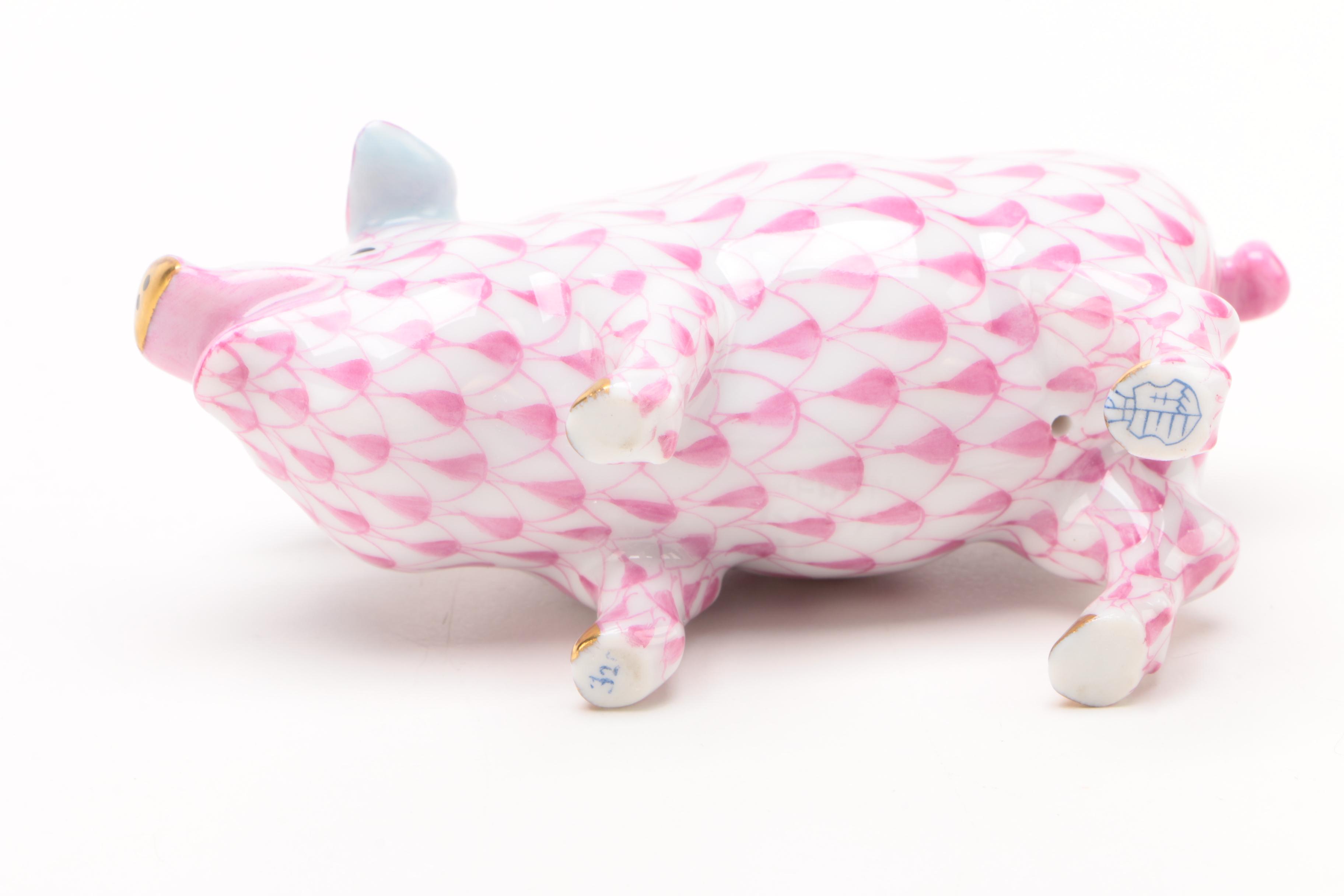 Herend Raspberry Fishnet "Pig" Porcelain Figurine