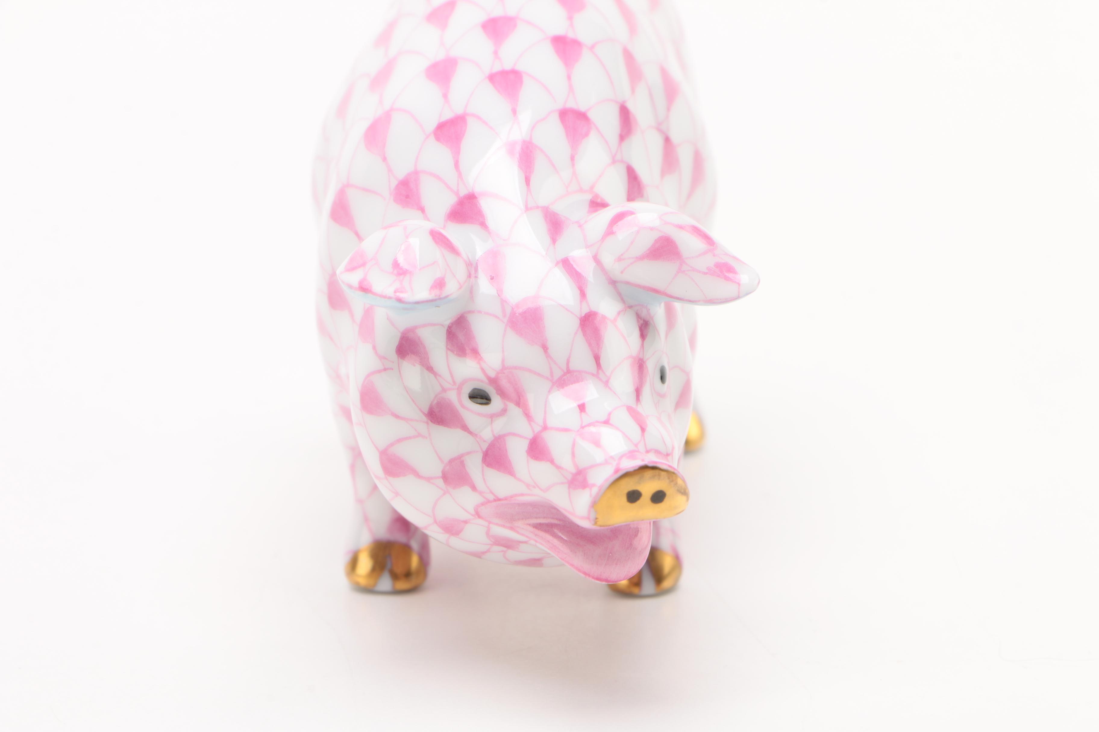 Herend Raspberry Fishnet "Pig" Porcelain Figurine