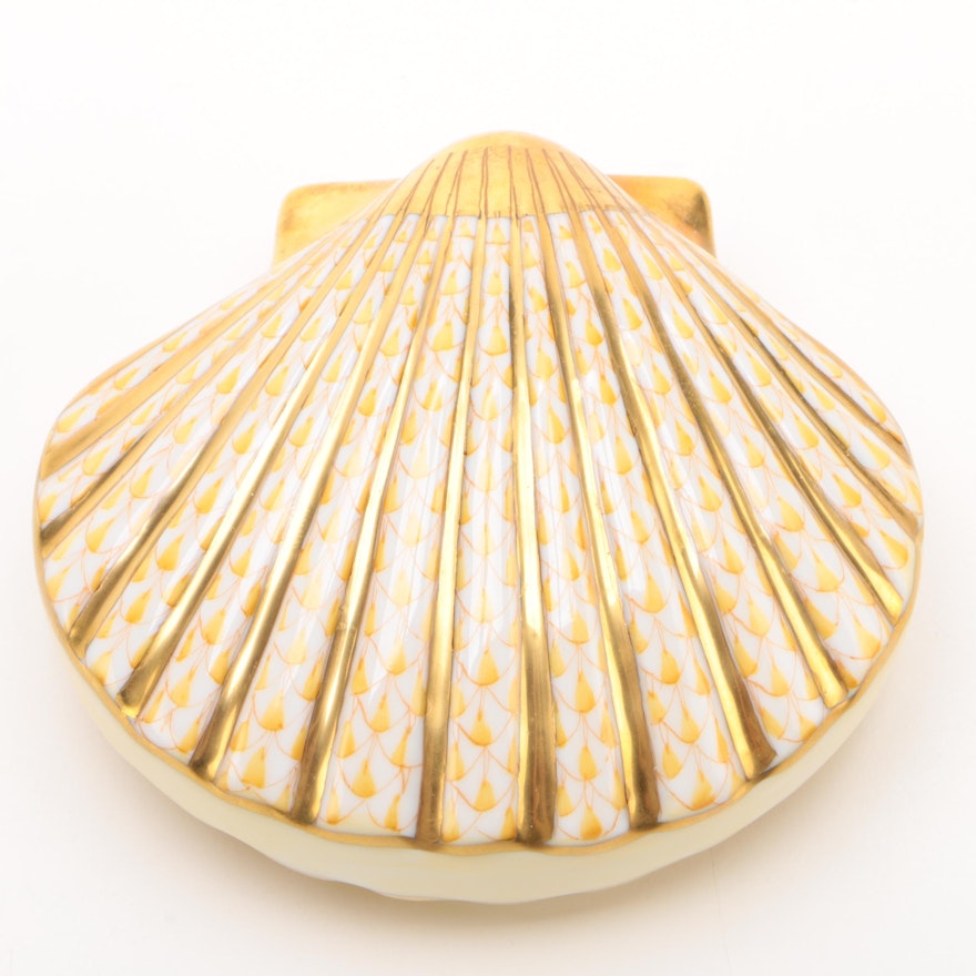 Herend First Edition Butterscotch Fishnet "Scallop Shell" Porcelain Figurine