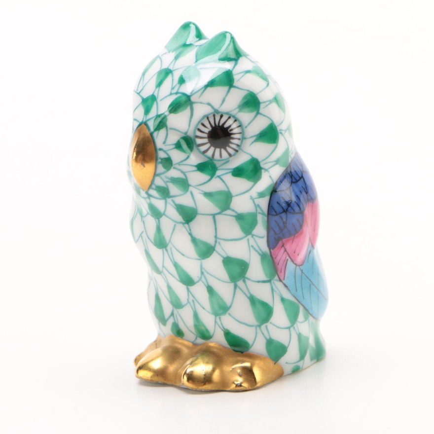 Herend Green Fishnet "Miniature Owl" Porcelain Figurine