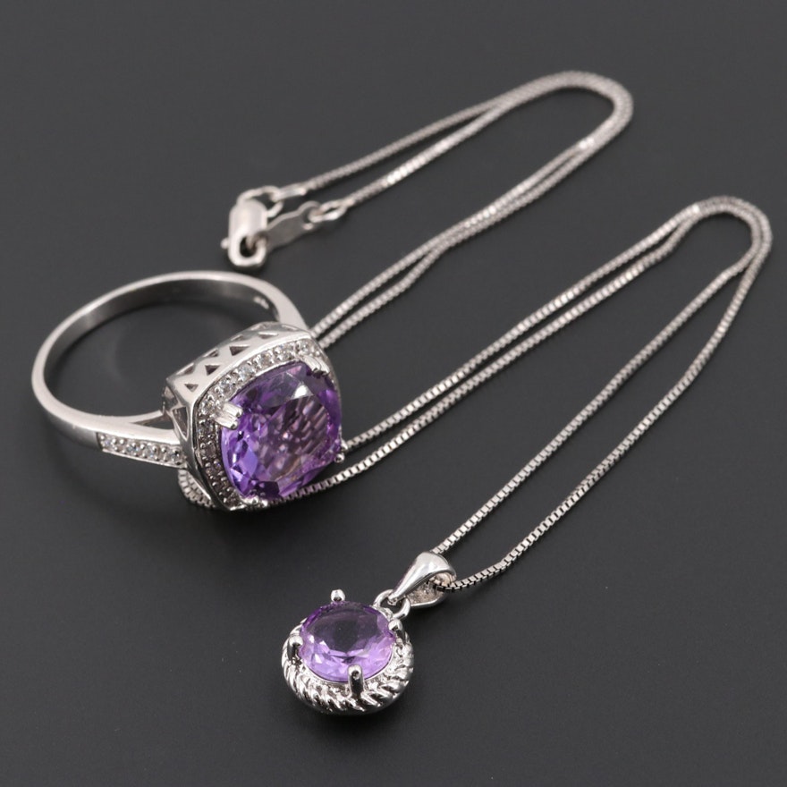 Sterling Silver Amethyst, Diamod and Cubic Zirconia Ring and Necklace