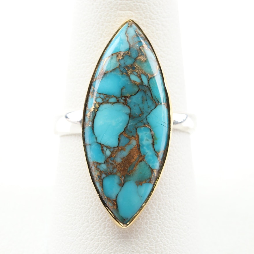 Sterling Silver Turquoise Ring with Gold Wash Accents