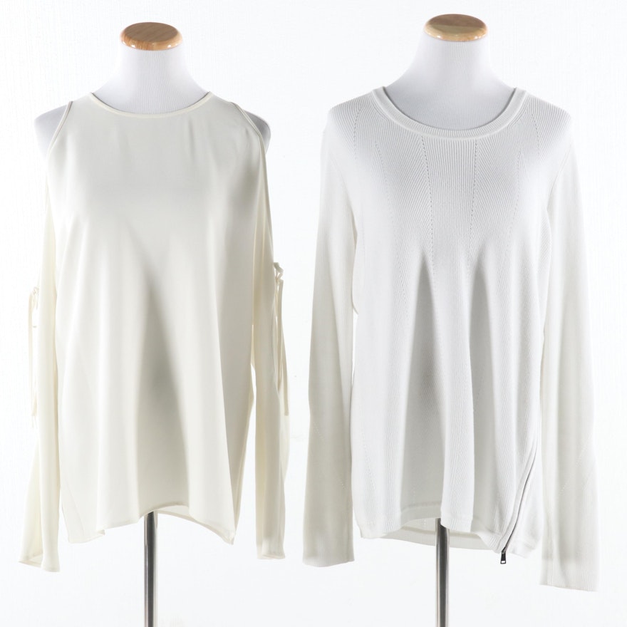 Theory Ecru Crepe Cold Shoulder Blouse And Vince White Side Zip Pullover Sweater