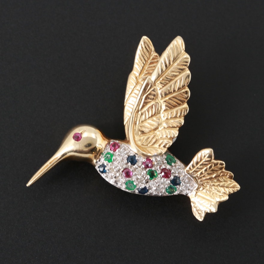 14K Two Tone Gold Diamond Hummingbird Brooch with Ruby and Sapphire