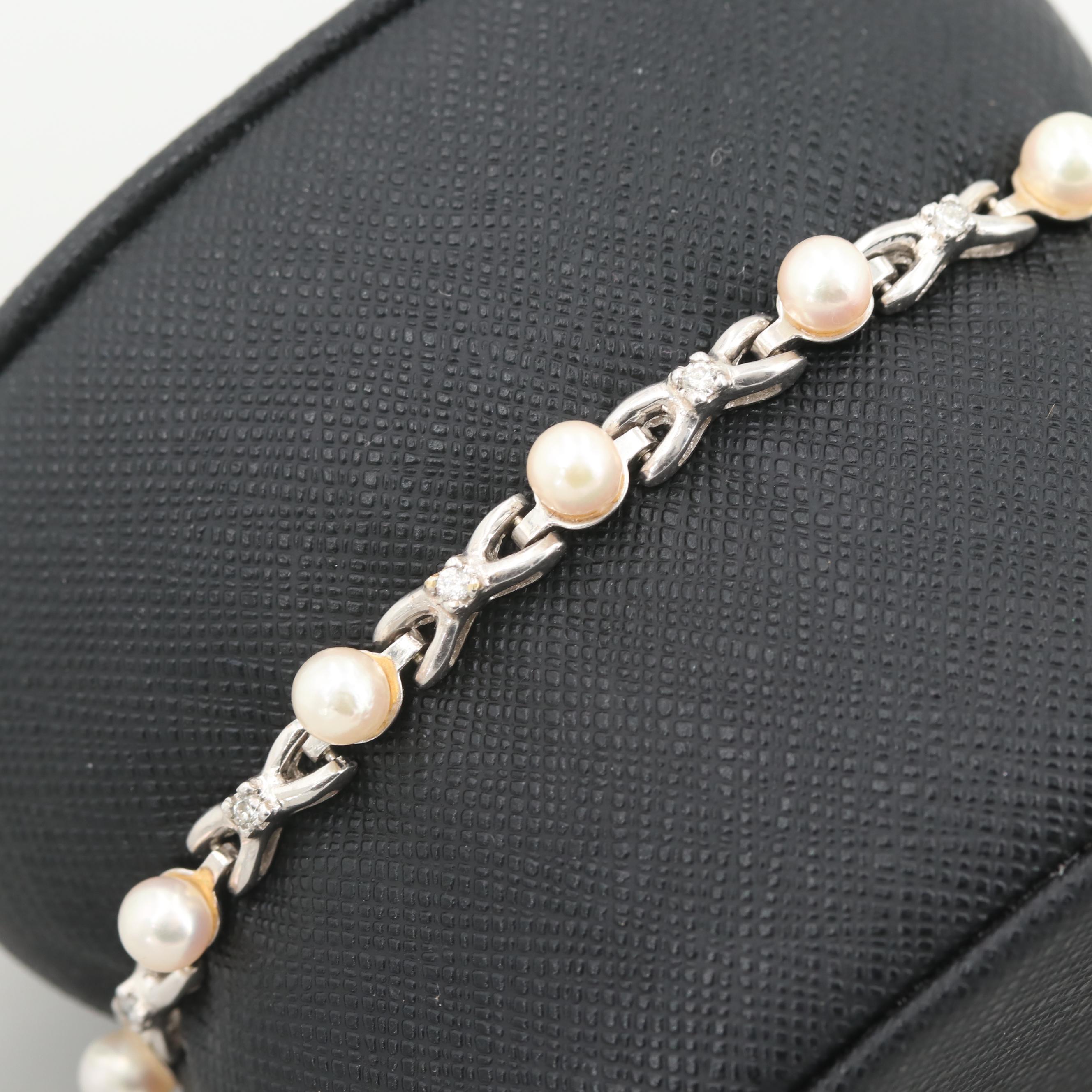 14K White Gold Cultured Pearl and Diamond Bracelet