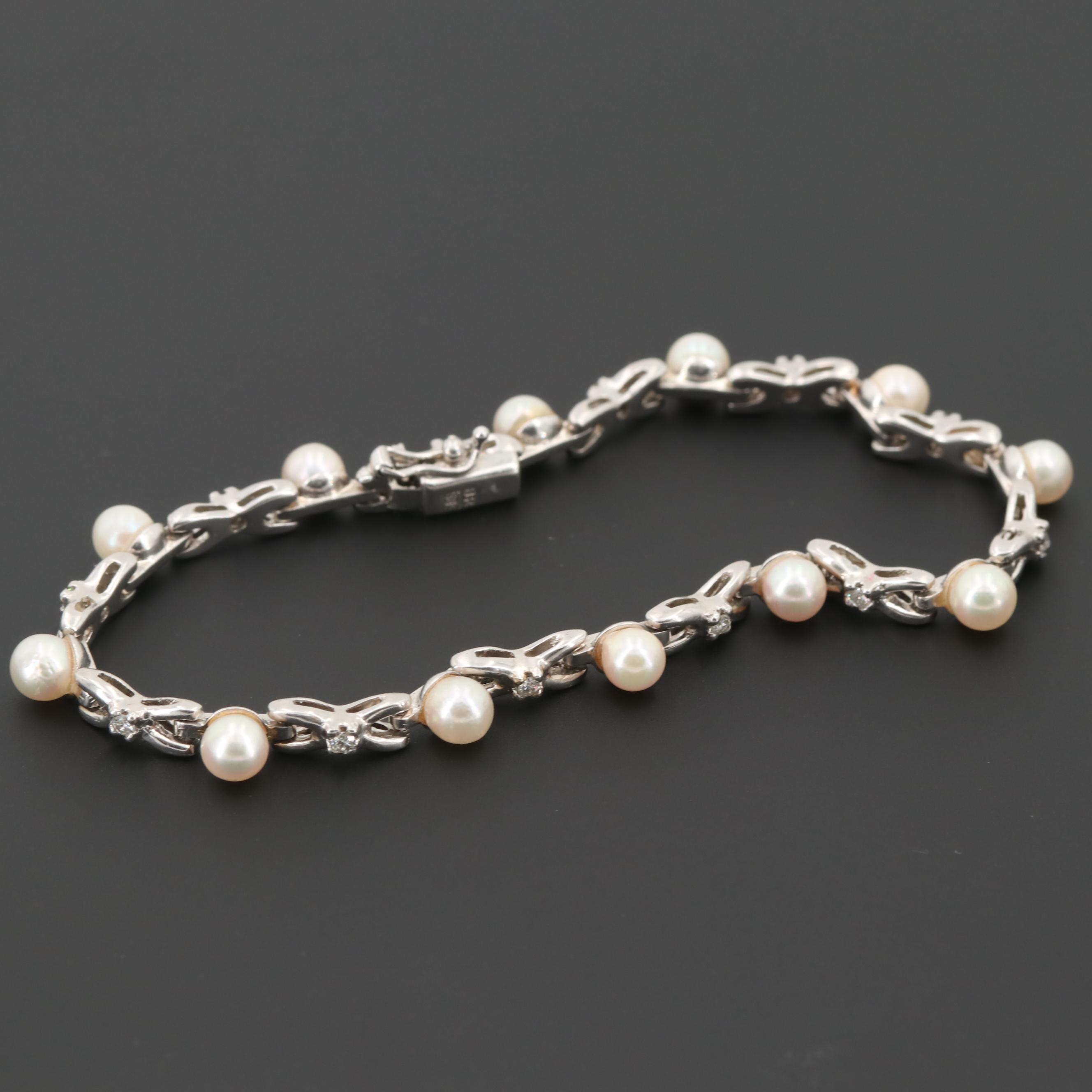 14K White Gold Cultured Pearl and Diamond Bracelet