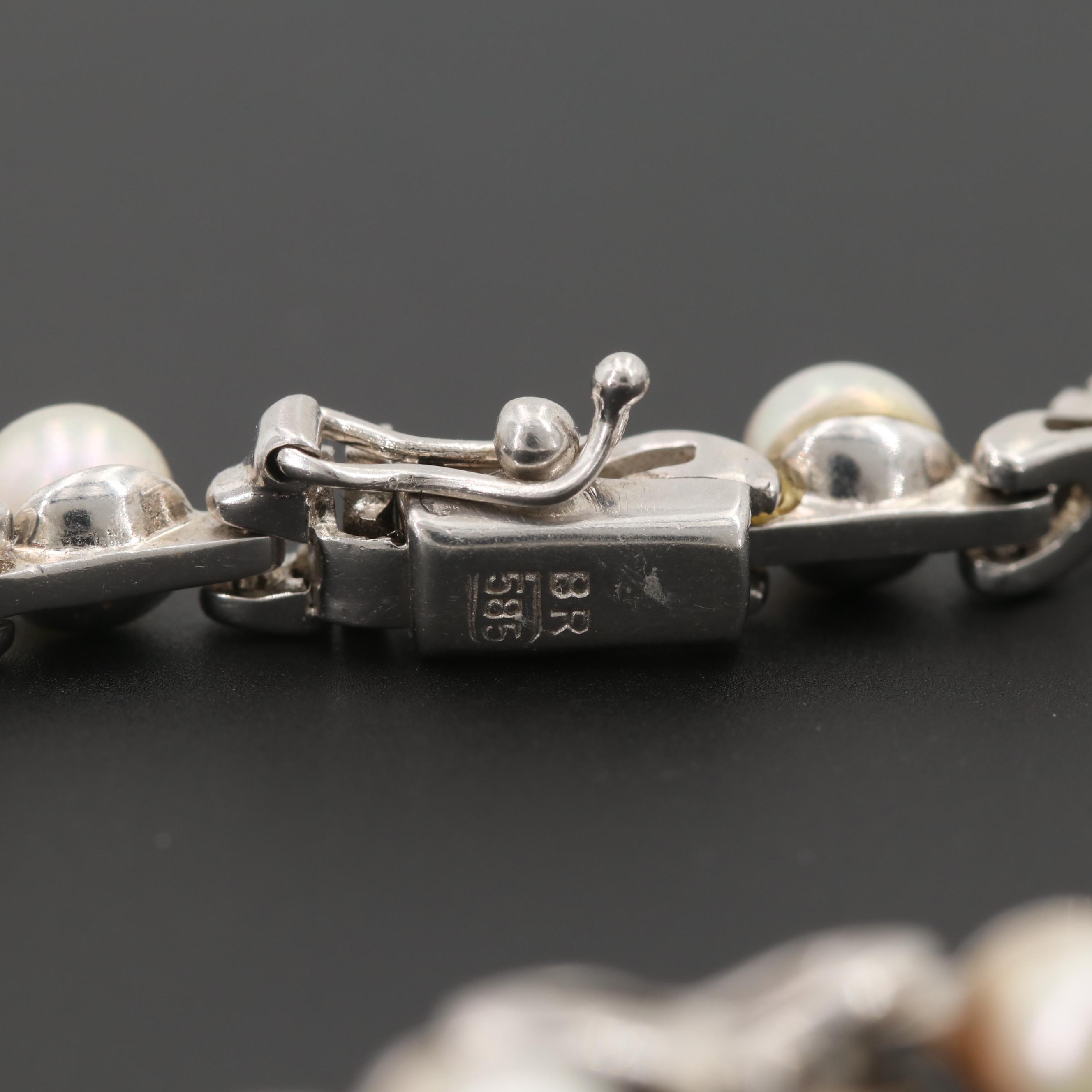 14K White Gold Cultured Pearl and Diamond Bracelet