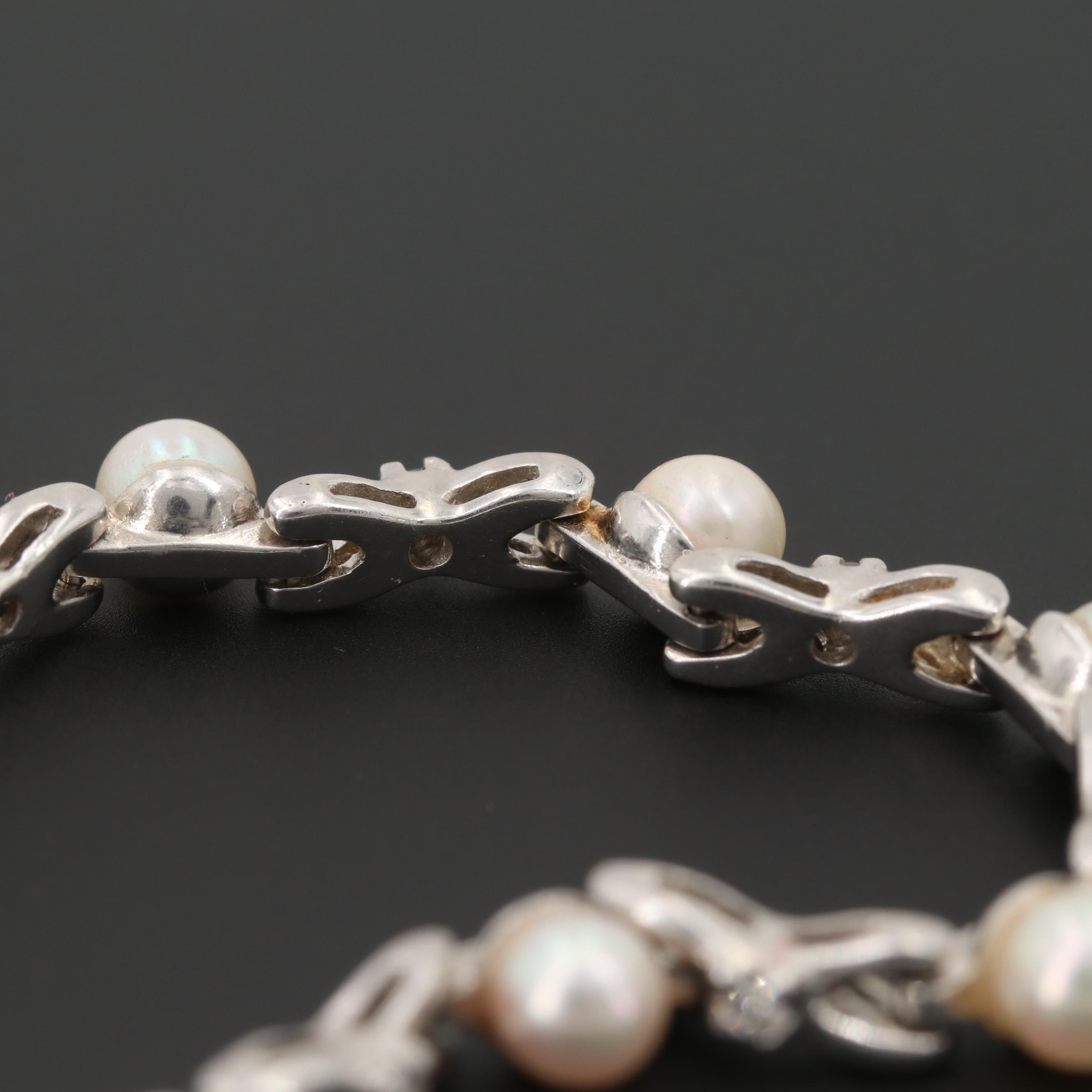 14K White Gold Cultured Pearl and Diamond Bracelet
