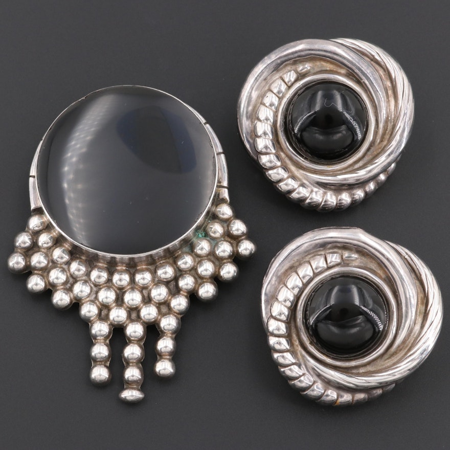 Mexican Sterling Silver Obsidian and Black Onyx Brooch and Clip On Earrings