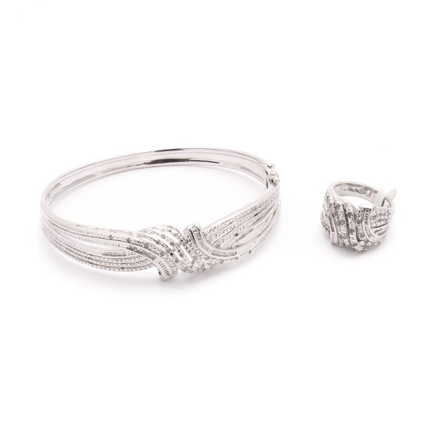 Silver Tone Diamond Ring and Bracelet