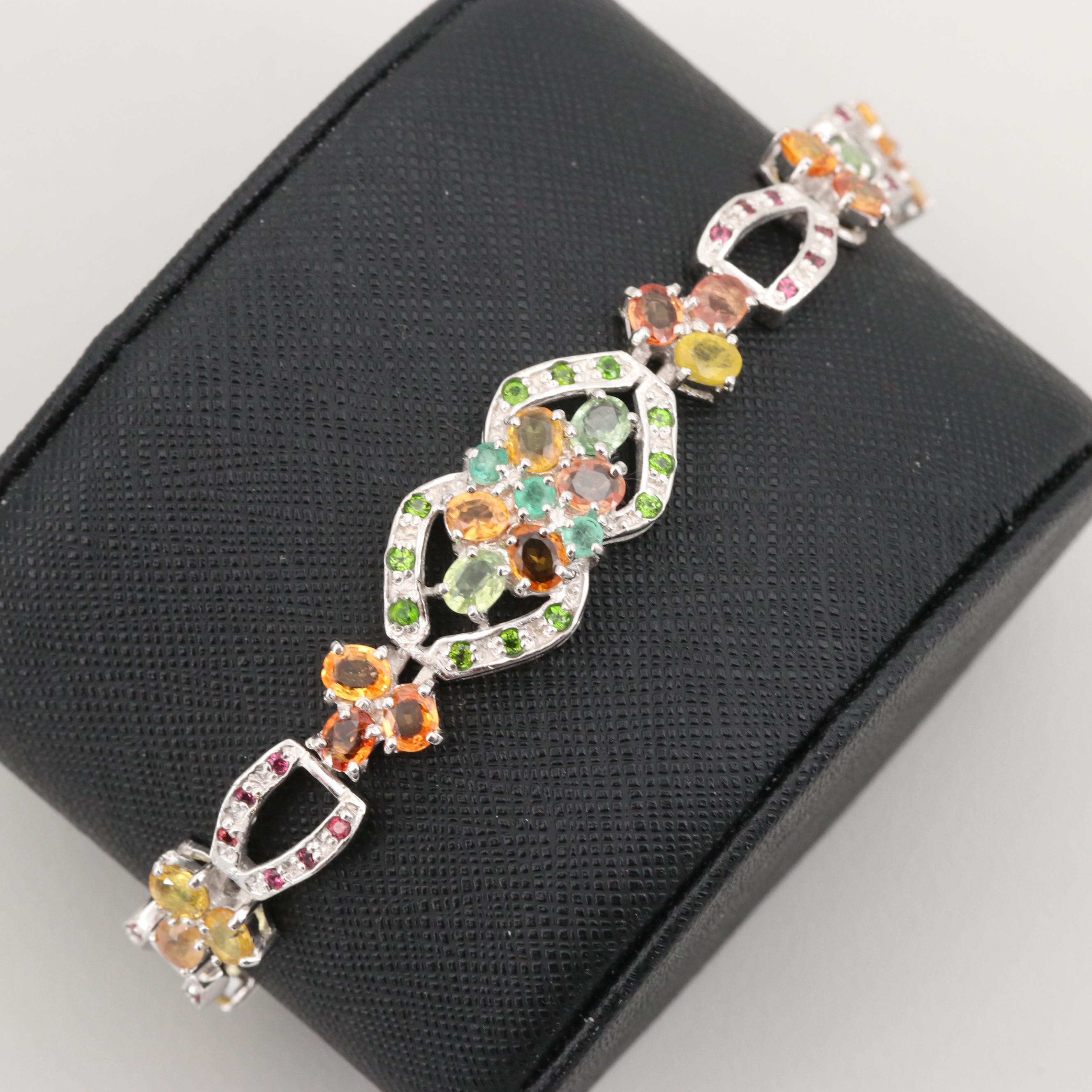 Sterling Silver Multi Colored Sapphire, Emerald and Rhodolite Bracelet