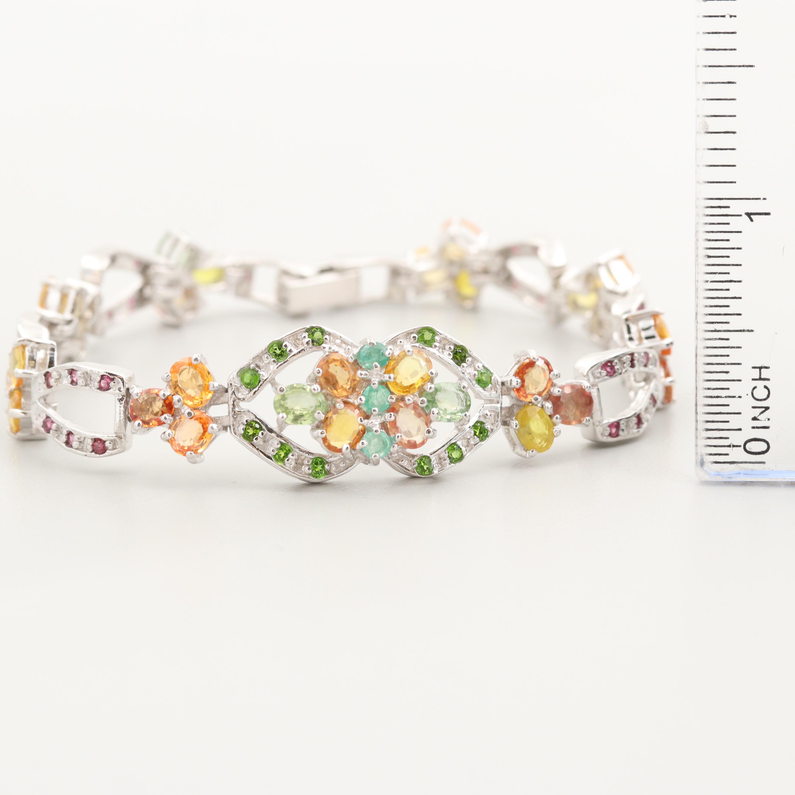 Sterling Silver Multi Colored Sapphire, Emerald and Rhodolite Bracelet