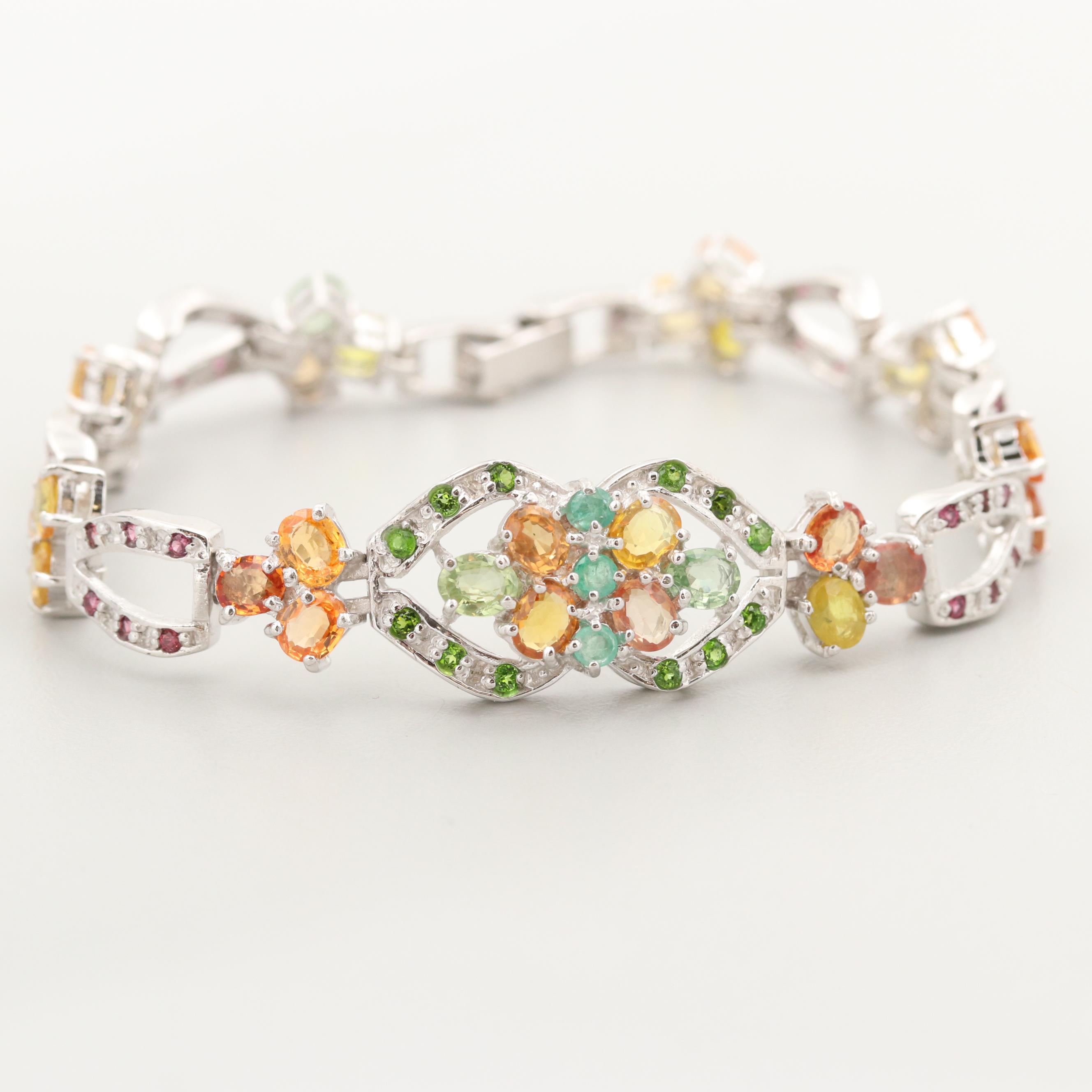 Sterling Silver Multi Colored Sapphire, Emerald and Rhodolite Bracelet