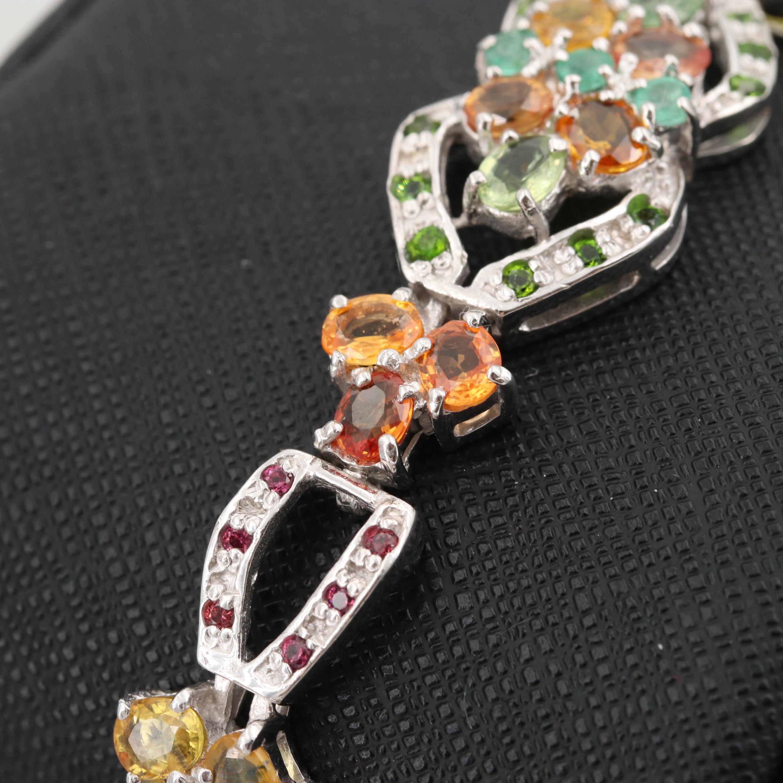 Sterling Silver Multi Colored Sapphire, Emerald and Rhodolite Bracelet