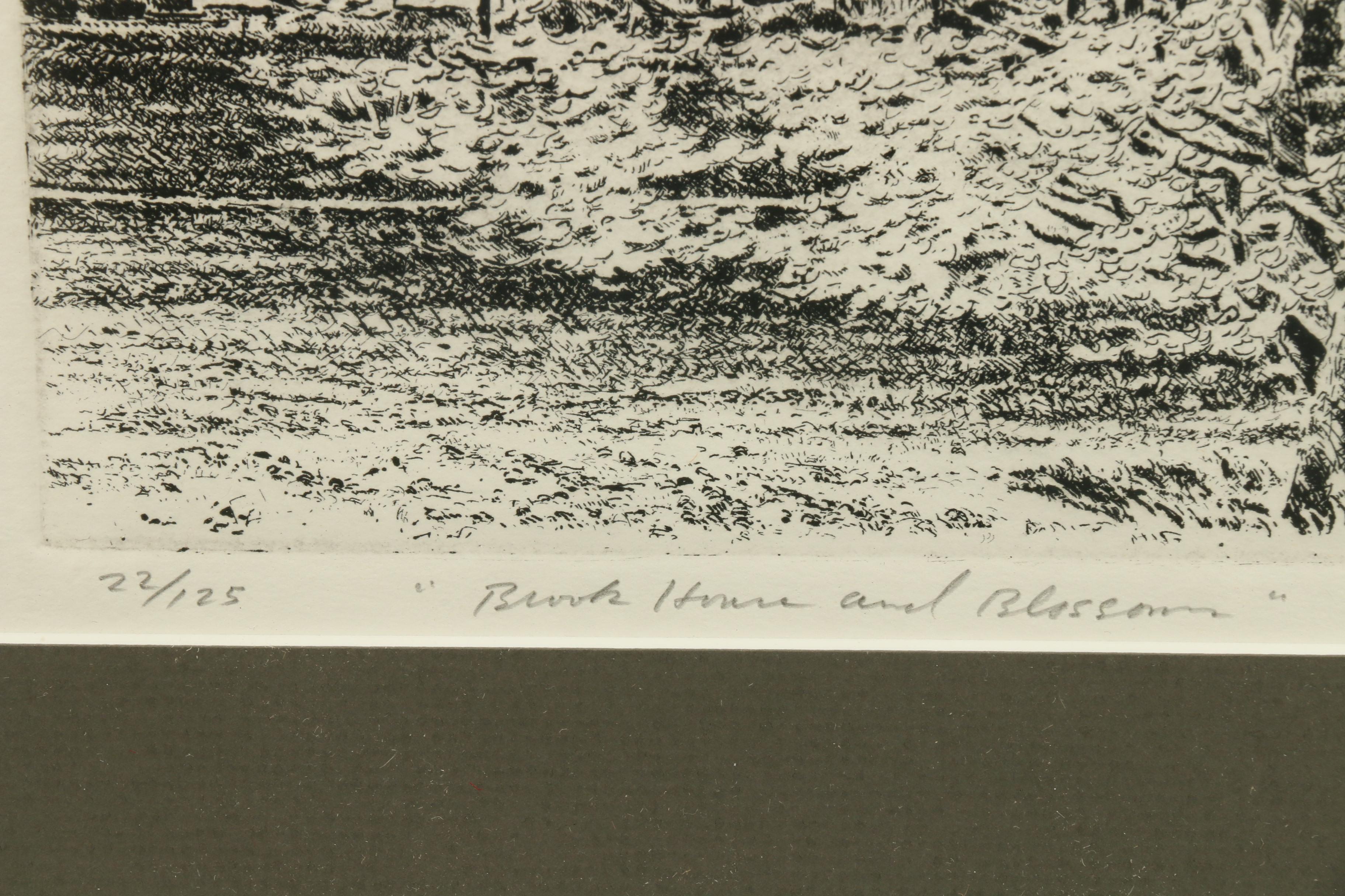 Robert W. Starkey Etching "Brook House and Blossoms"