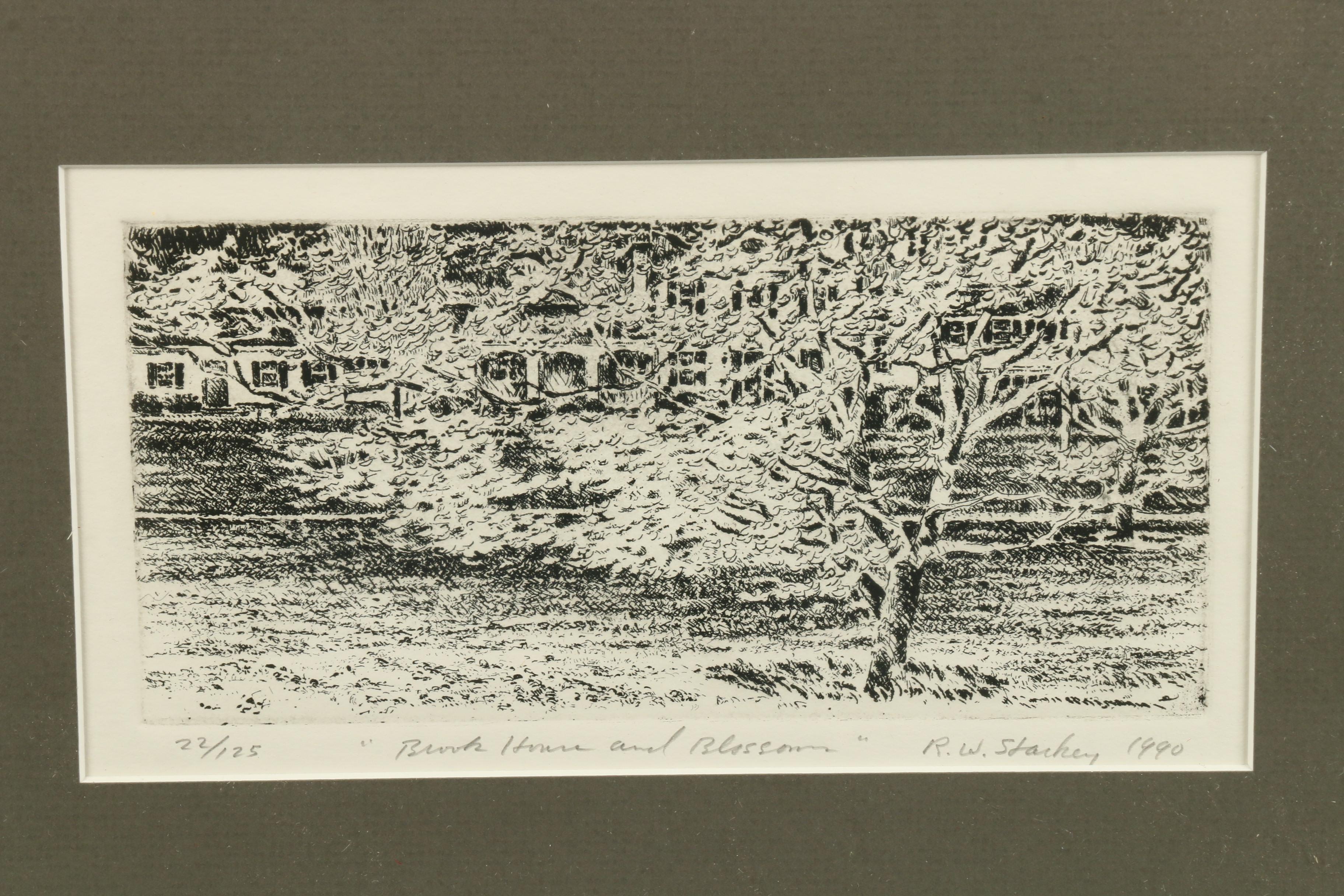 Robert W. Starkey Etching "Brook House and Blossoms"