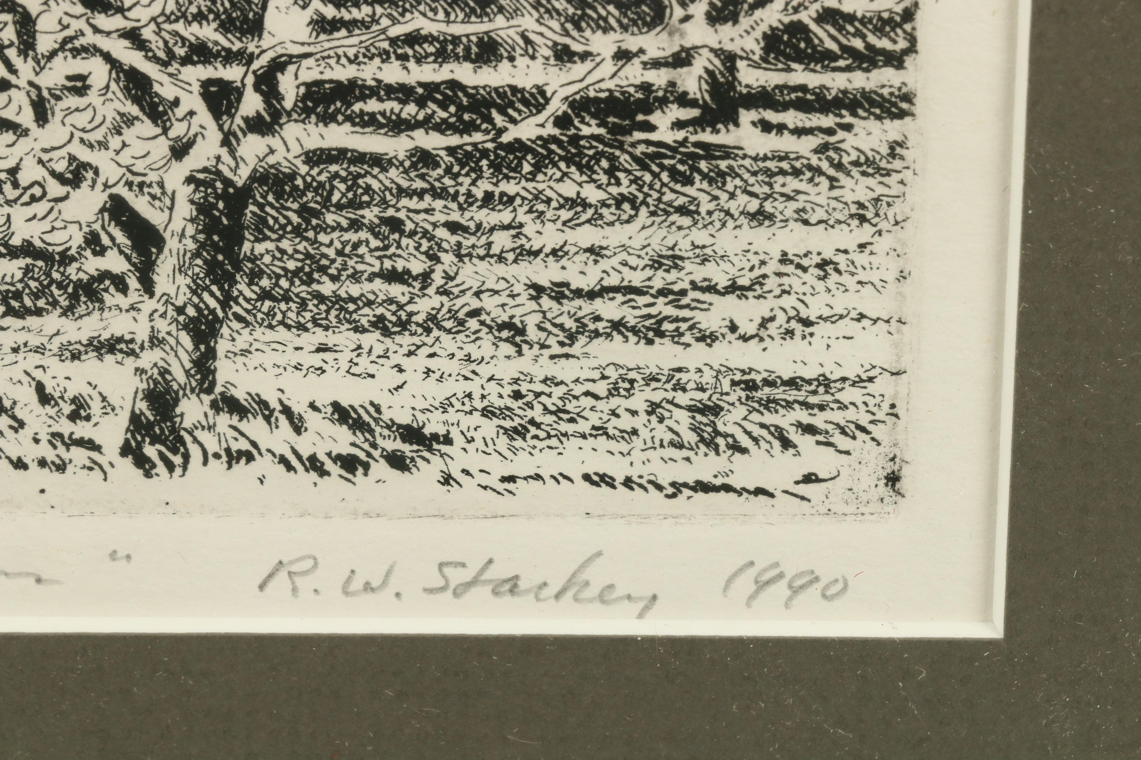 Robert W. Starkey Etching "Brook House and Blossoms"