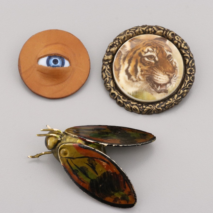 Gold Tone Leather, Glass, and Enamel Fashion Brooches