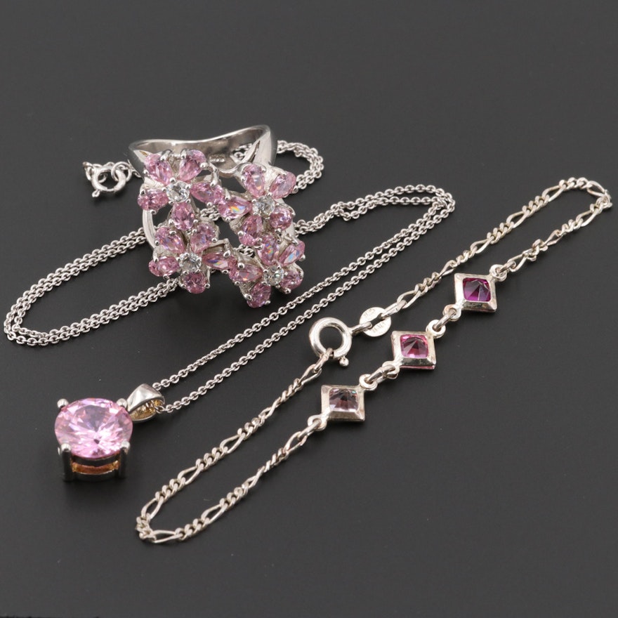 Sterling Silver Cubic Zirconia and Glass Ring Necklace and Bracelet