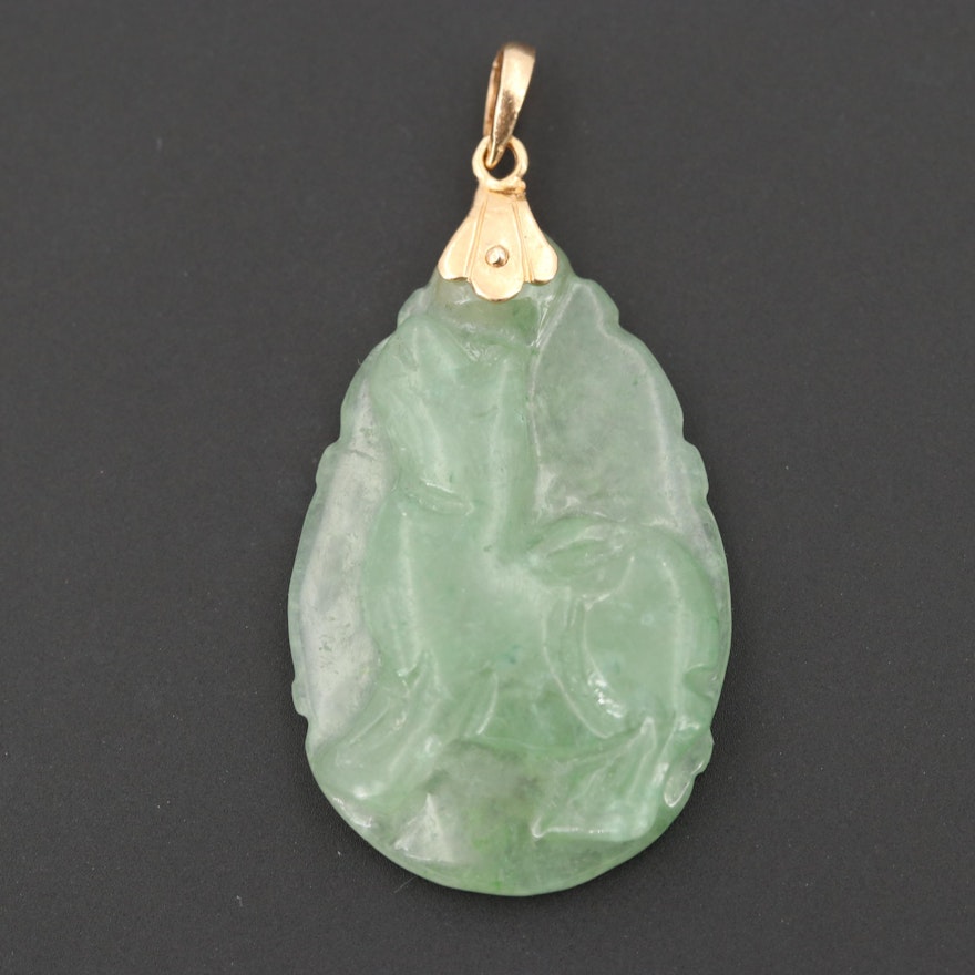 Chinese Zodiac Carved Jadeite Dog Pendant with 14K Yellow Gold Findings