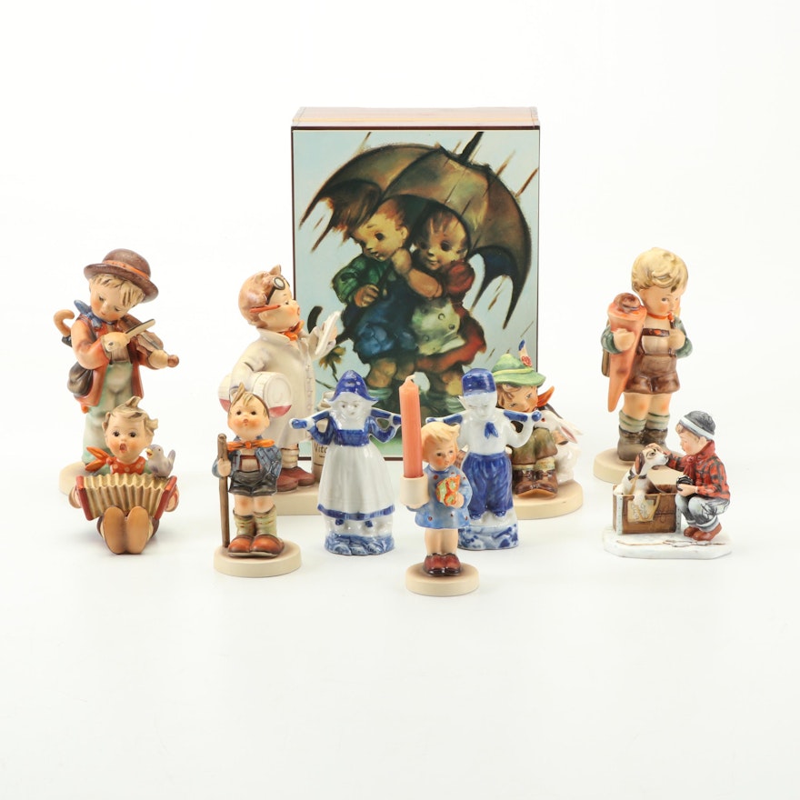 Vintage Hummel Music Box and Figurines with Other Porcelain Figurines