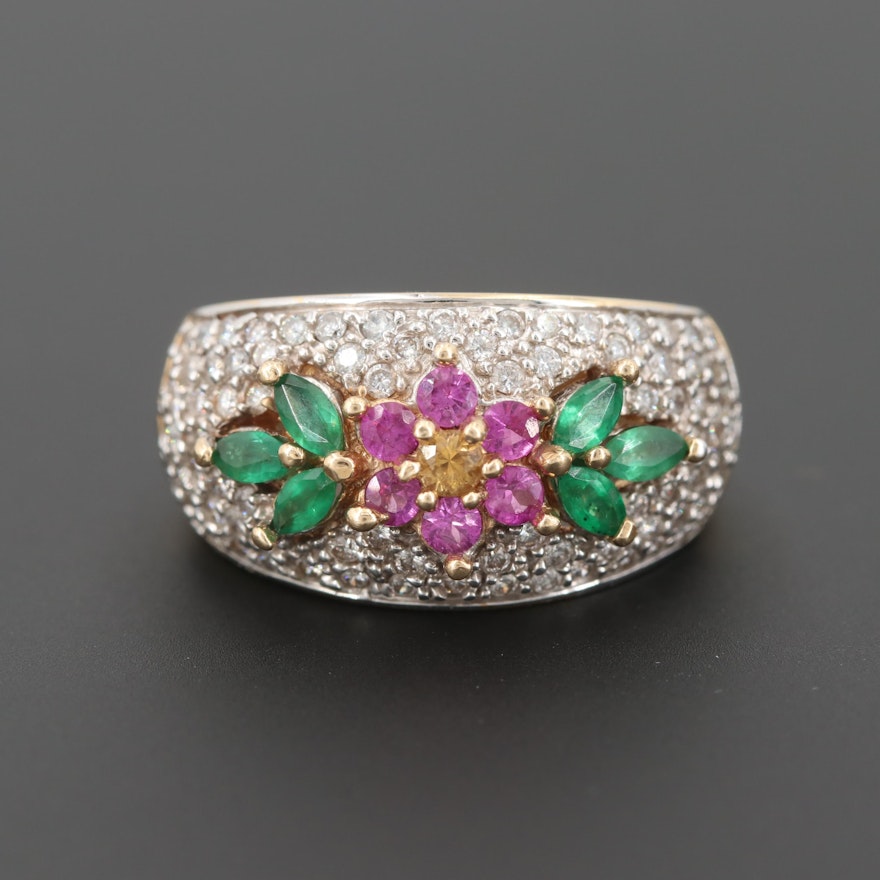 14K Yellow Gold Diamond, Emerald, Fancy Yellow and Pink Sapphire Ring