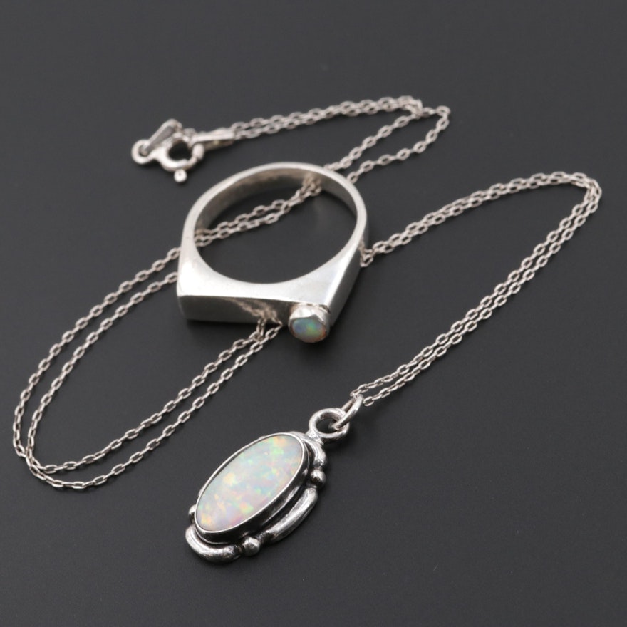 Sterling Silver Opal and Synthetic Opal Necklace and Ring