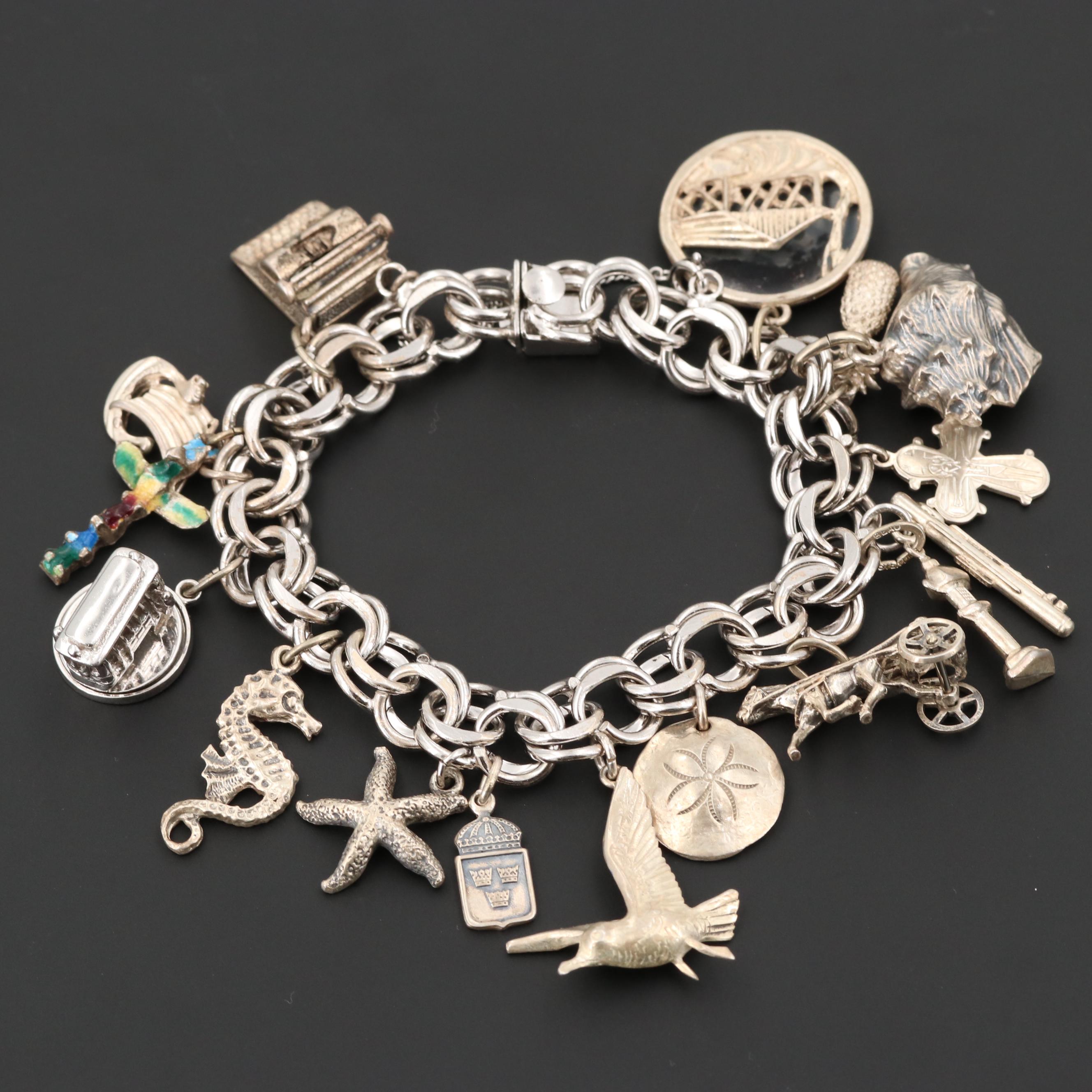 Vintage Sterling Silver Double Link Charm Bracelet Featuring Travel Motifs
