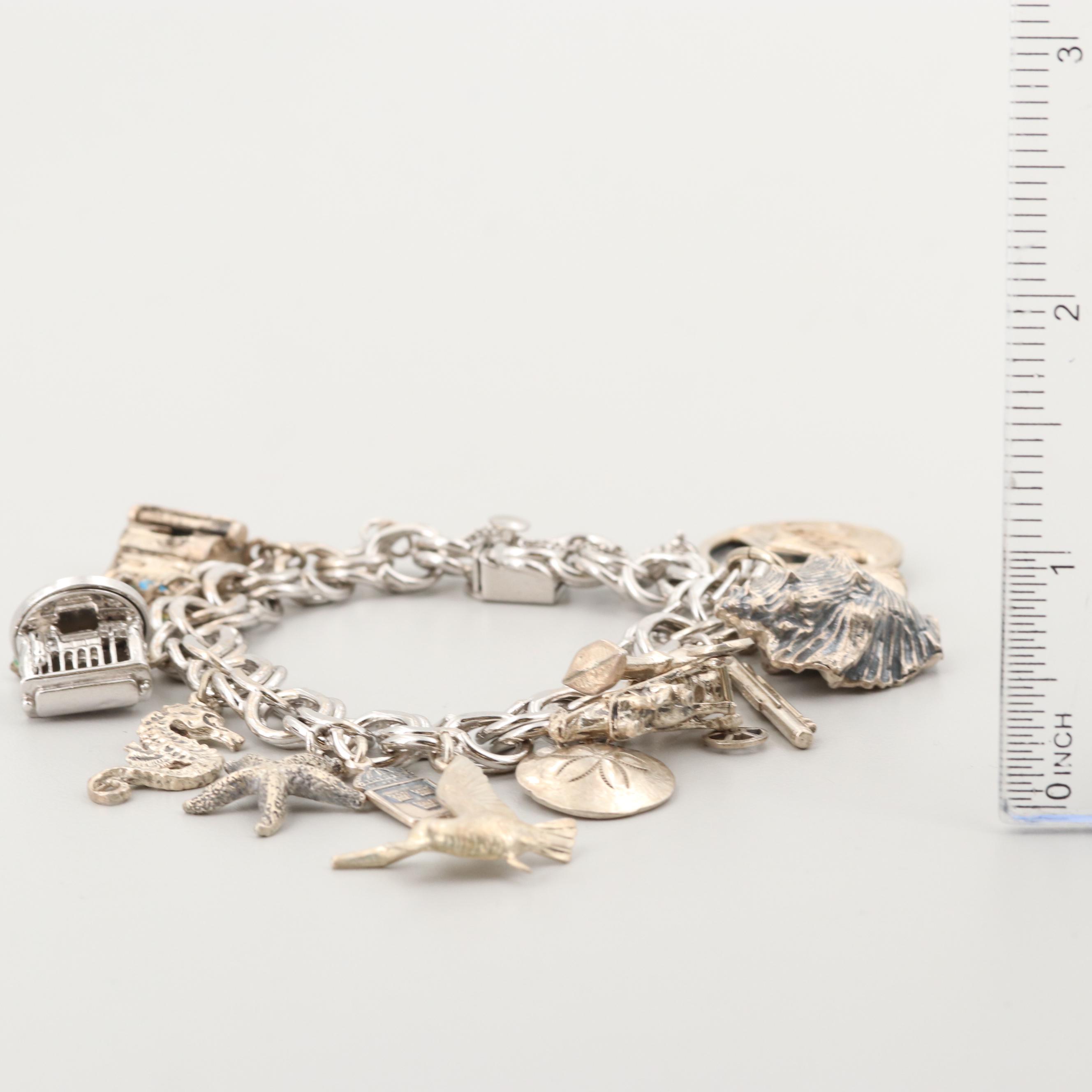 Vintage Sterling Silver Double Link Charm Bracelet Featuring Travel Motifs