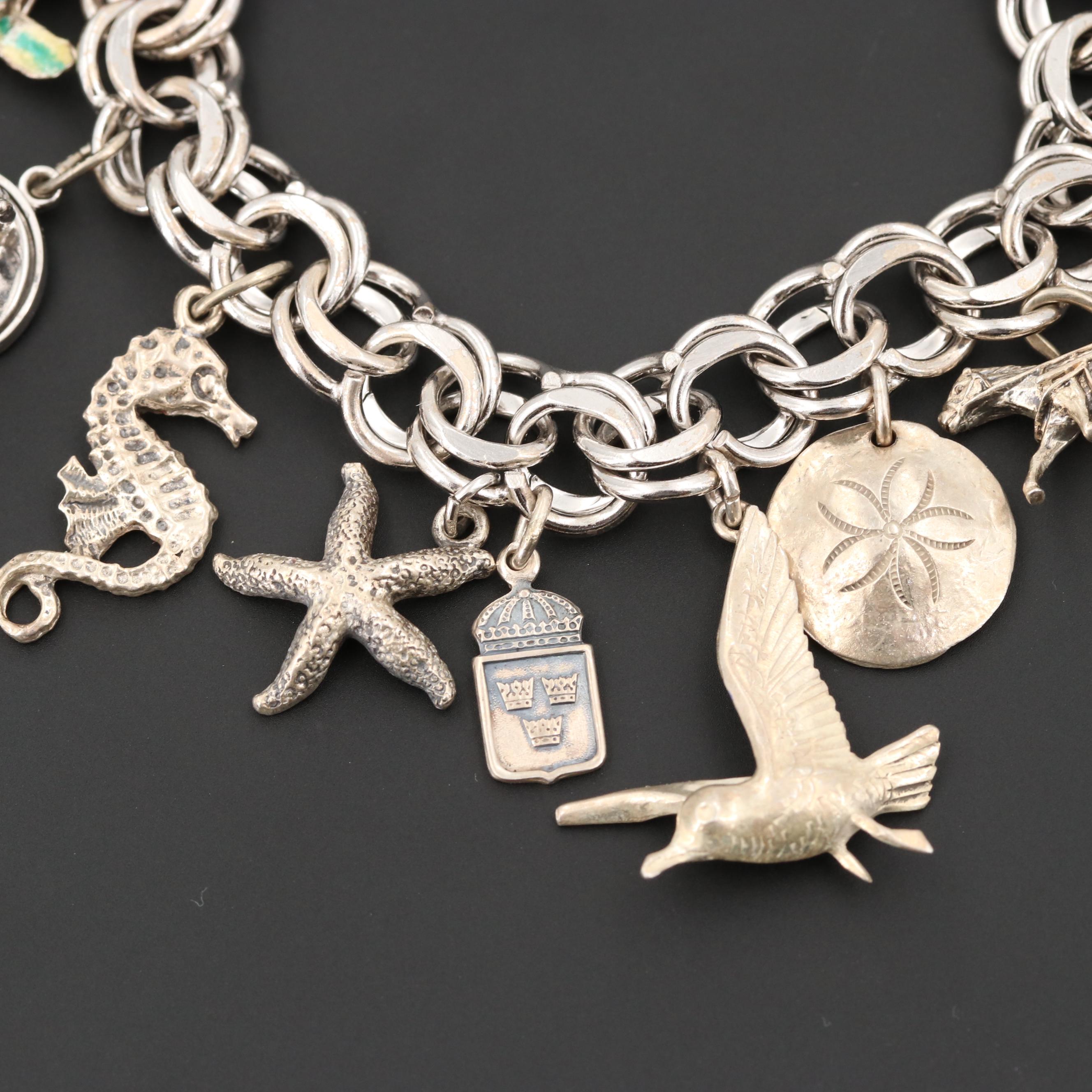 Vintage Sterling Silver Double Link Charm Bracelet Featuring Travel Motifs