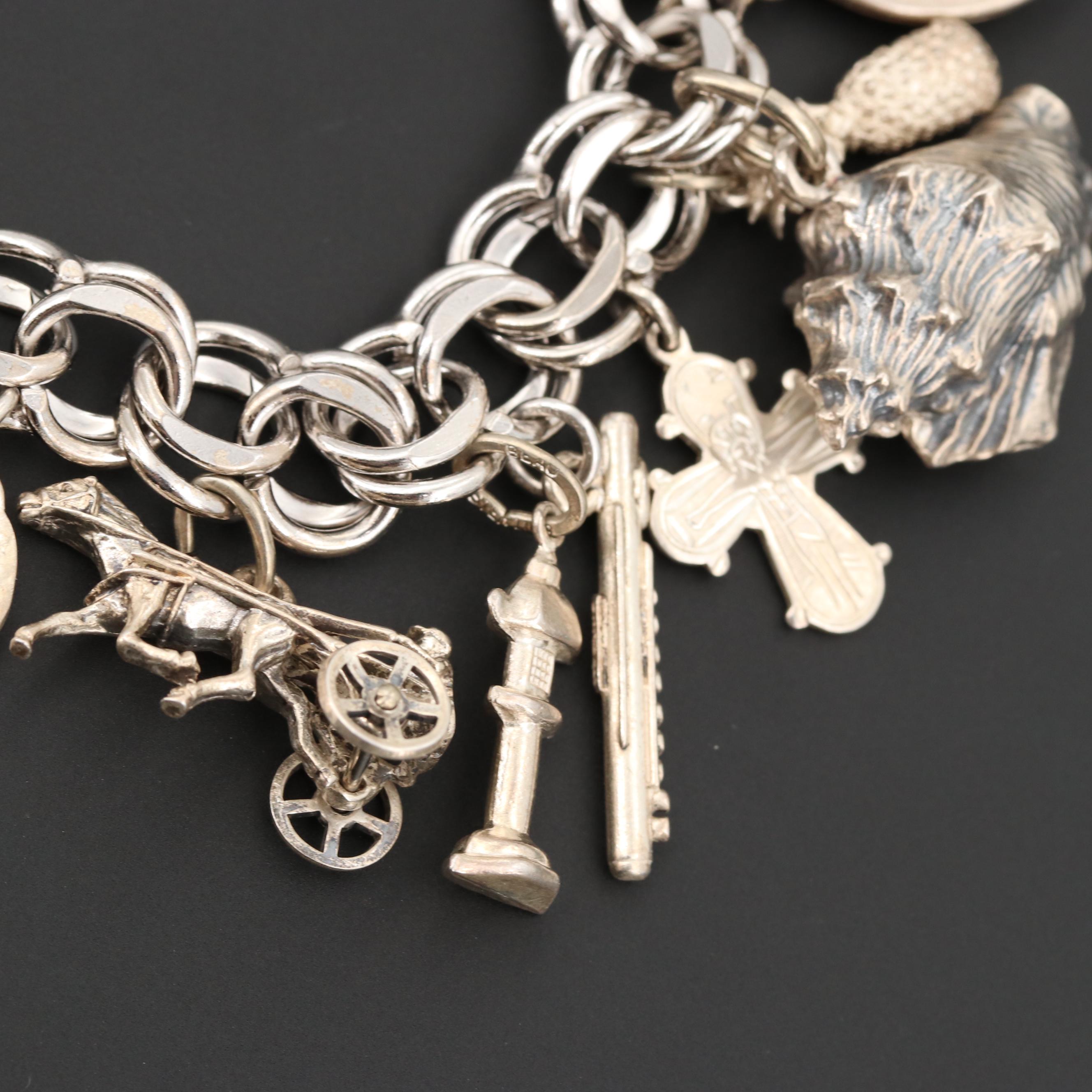 Vintage Sterling Silver Double Link Charm Bracelet Featuring Travel Motifs