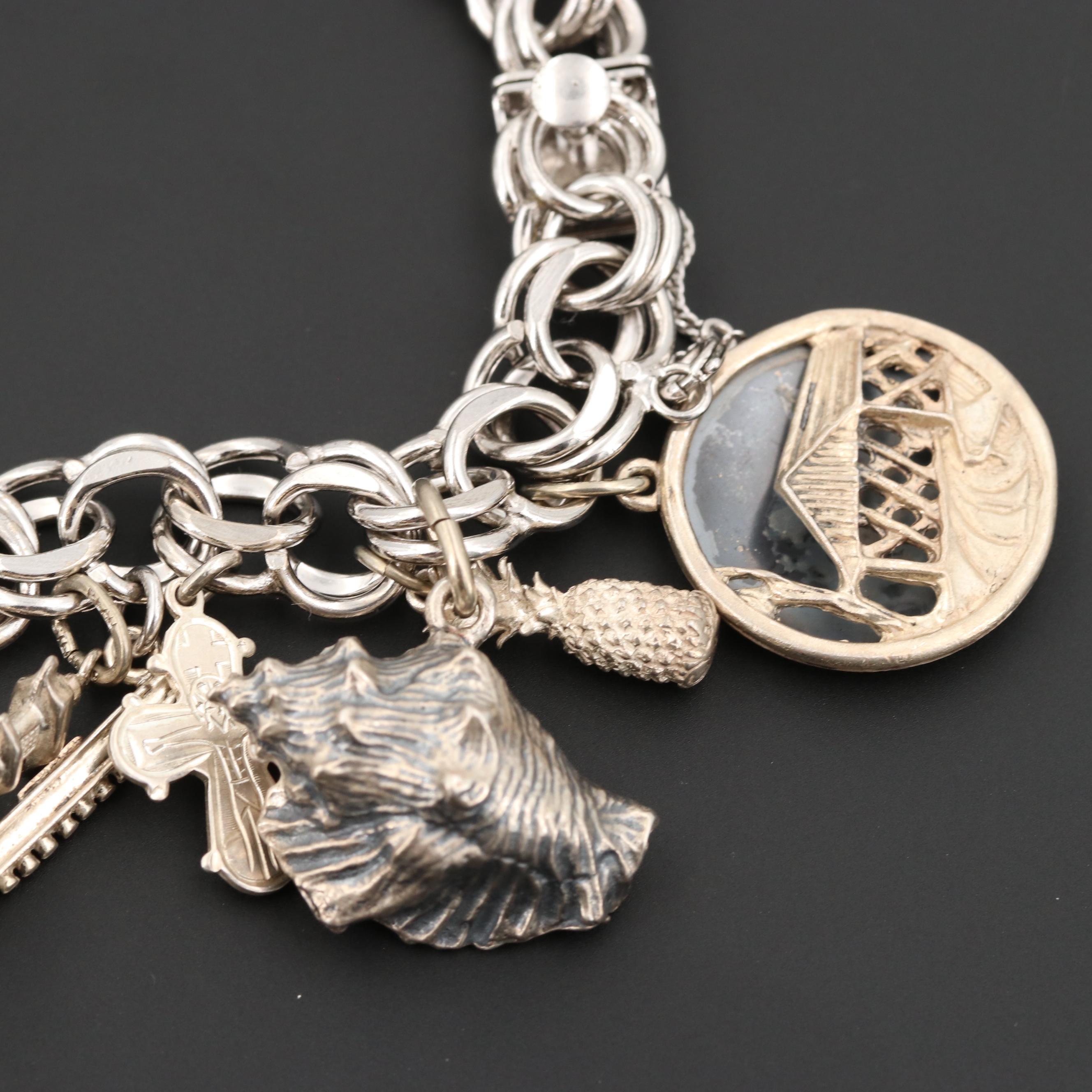 Vintage Sterling Silver Double Link Charm Bracelet Featuring Travel Motifs