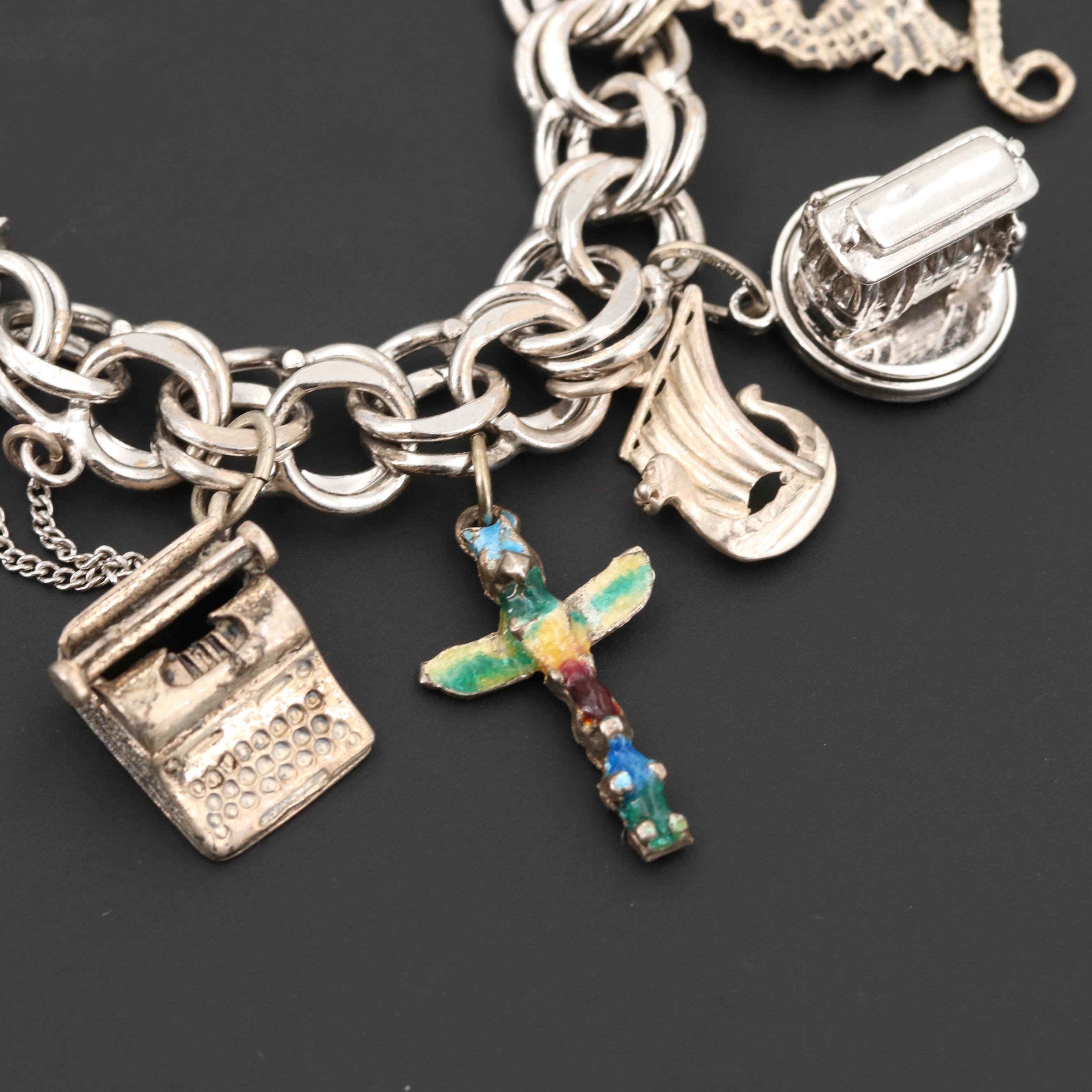 Vintage Sterling Silver Double Link Charm Bracelet Featuring Travel Motifs