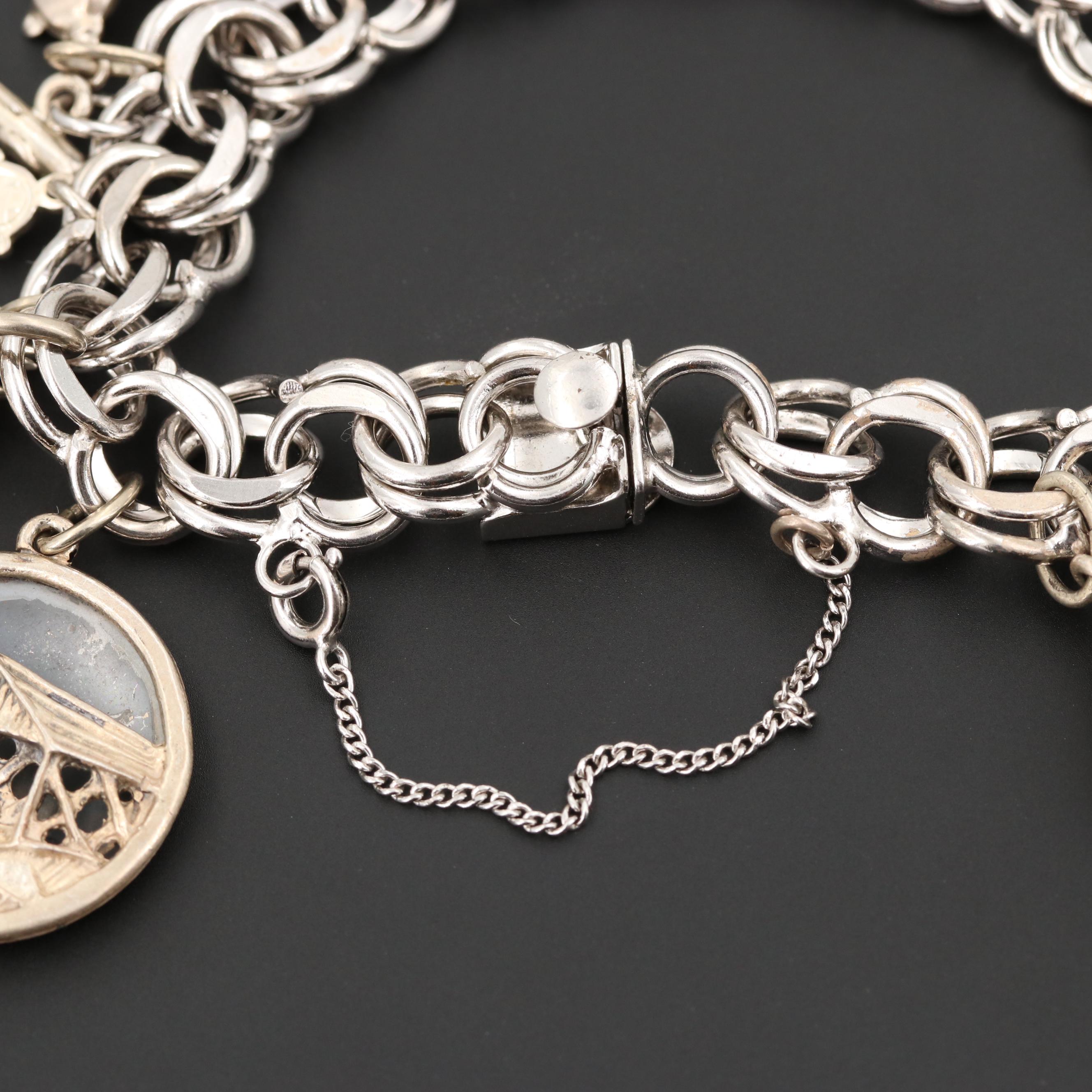 Vintage Sterling Silver Double Link Charm Bracelet Featuring Travel Motifs