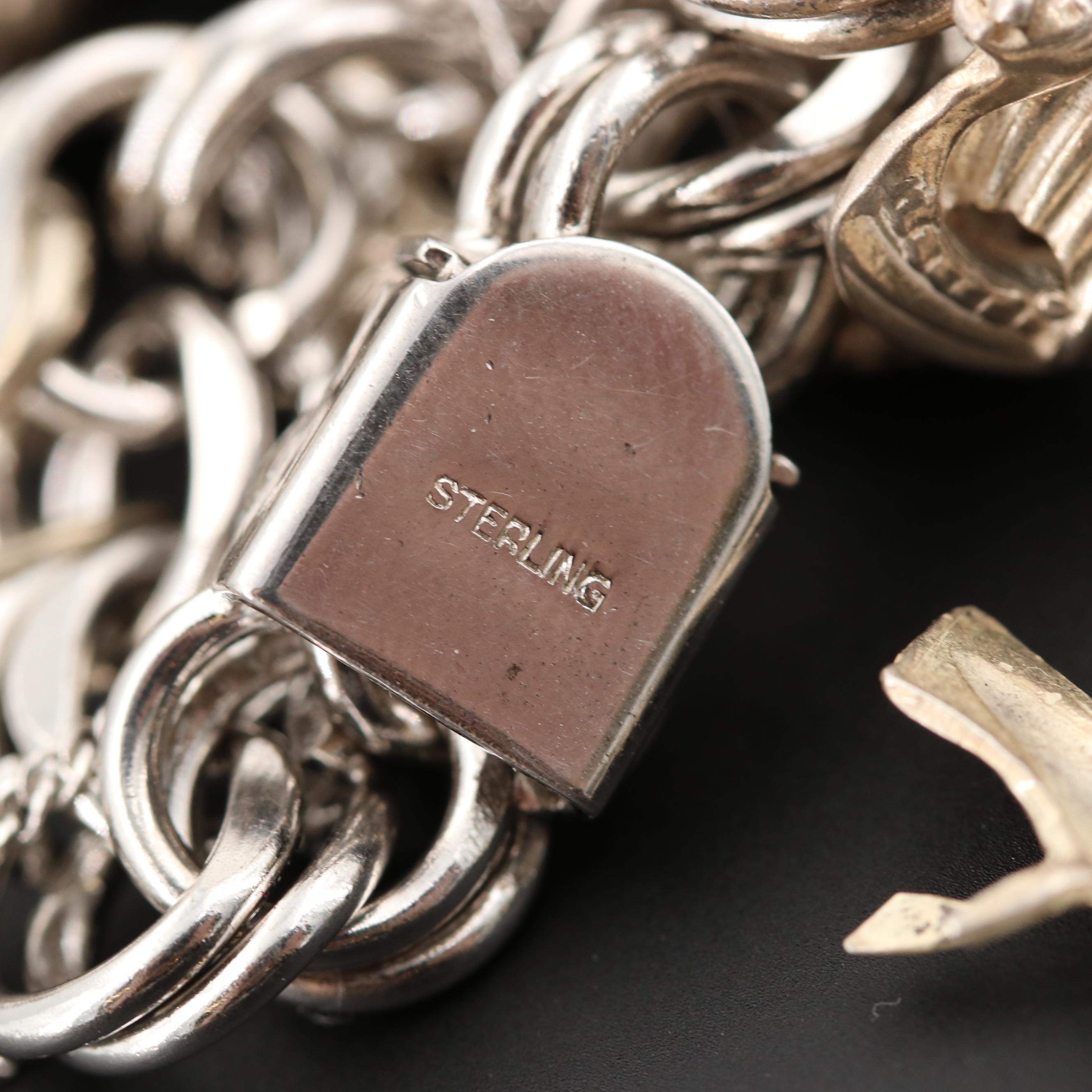 Vintage Sterling Silver Double Link Charm Bracelet Featuring Travel Motifs